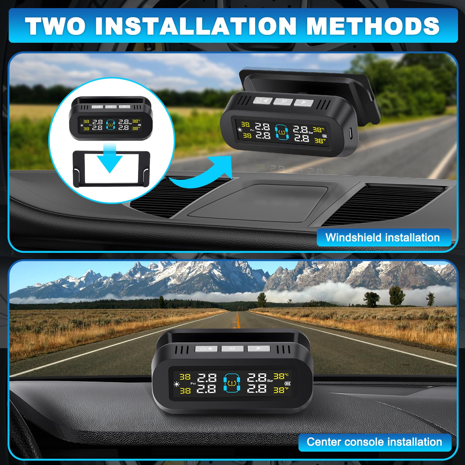 Sistema di Monitoraggio della Pressione dei Pneumatici Solare Sistema Monitor Pressione Gomme Staffa Rimovibile, 4 Sensori Esterni per Camper SUV Auto