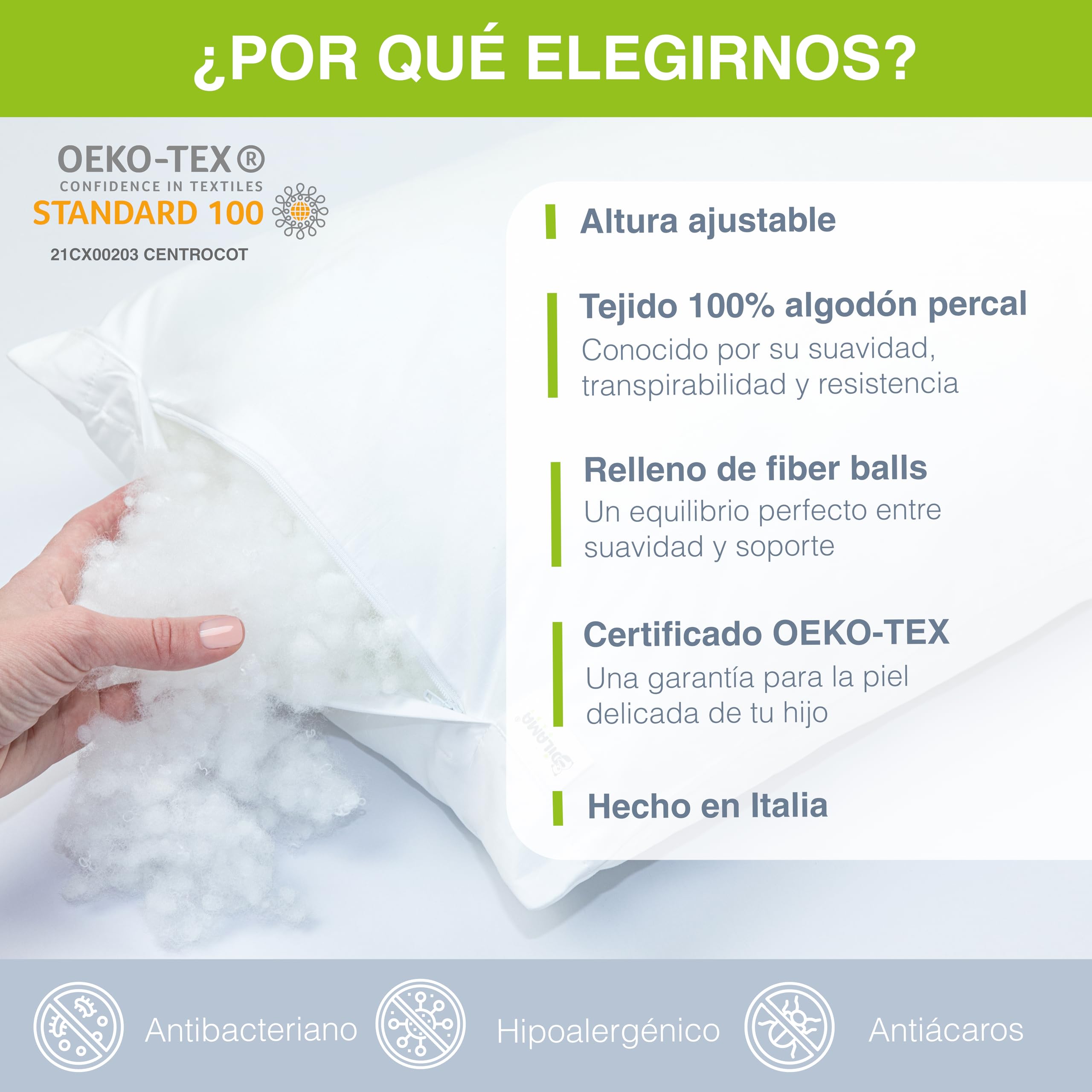 Dilamababy Almohada Infantil Ajustable 2-3 Años - Algodón Percal Hipoalergénico - para Cunas 60x120 cm - Almohada Cuna Bebé - Blanco 100% Algodón