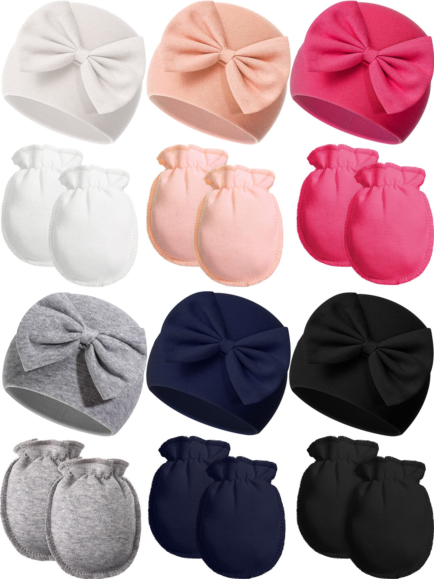 Geyoga12 Pieces Newborn Baby Hats Mittens Set Bow Beanie Cap Cotton Glove for 0-6 Baby