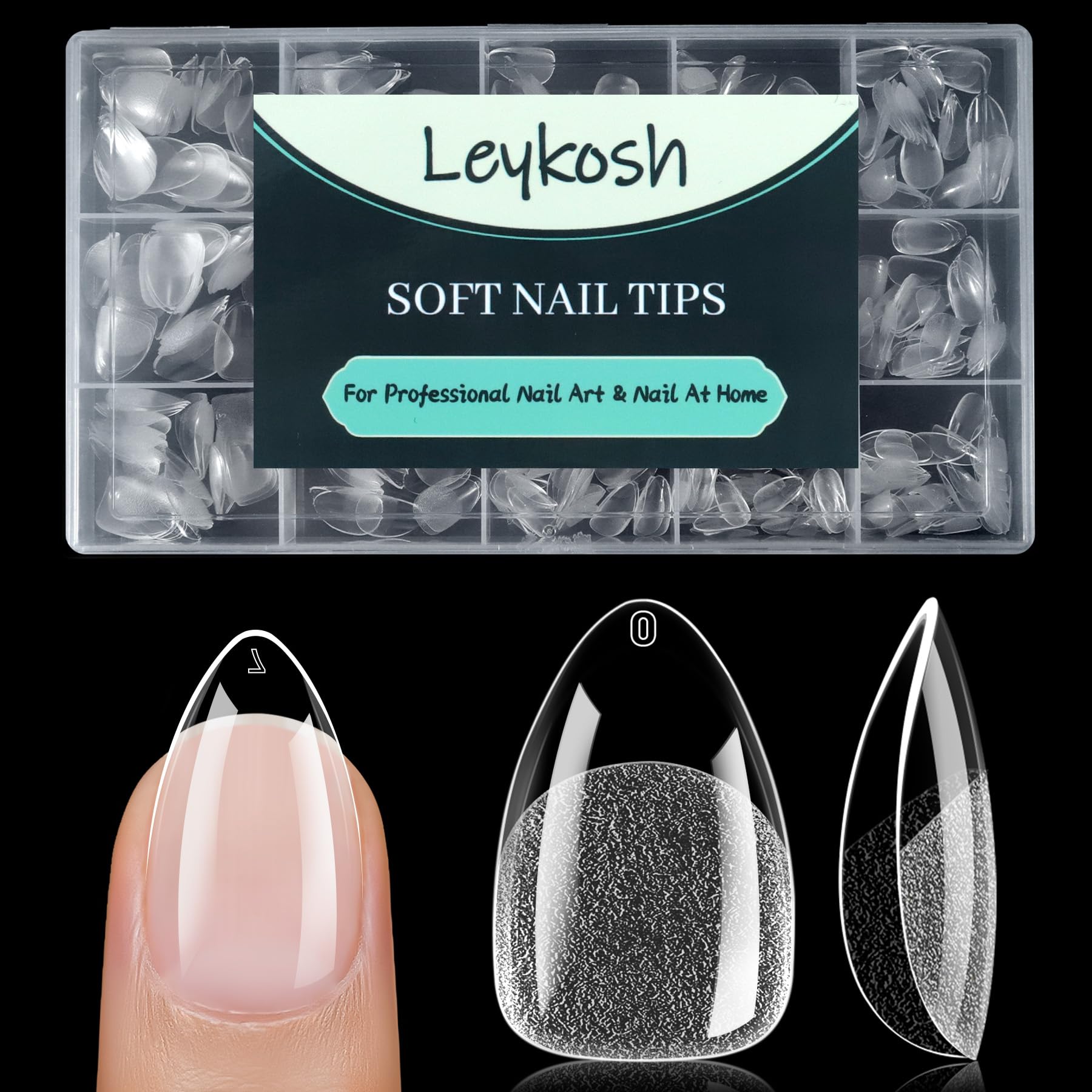 Leykosh Short Almond Nail Tips, 15 Sizes 240 PCS Clear Acrylic Soft Fake Nails Gel Nail Tips, Full Cover Pre-Shaped Matte Long Lasting Press on Nails