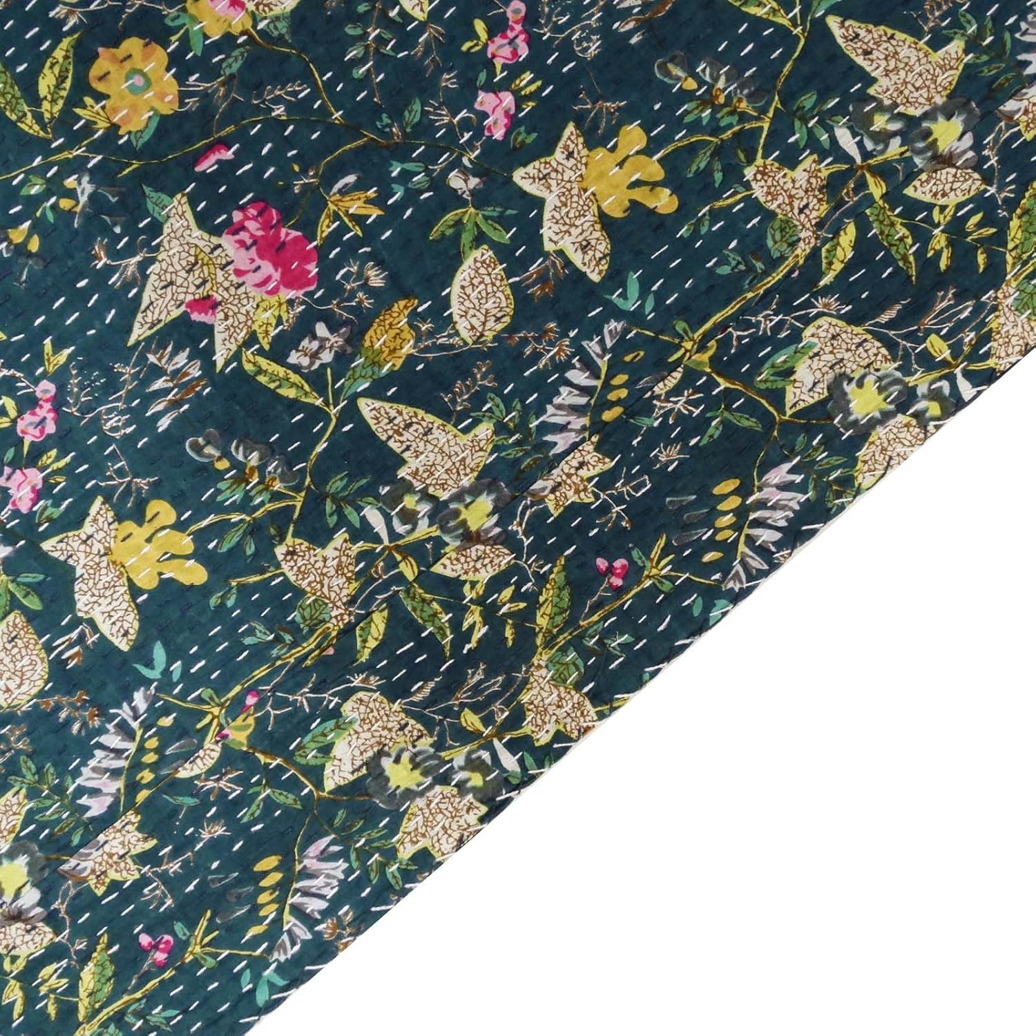 Sophia-Art Floral Print Decorative Blue Cotton Reversible Bedspread Quilt Reversible Gudri Queen Size Throw Bedspread