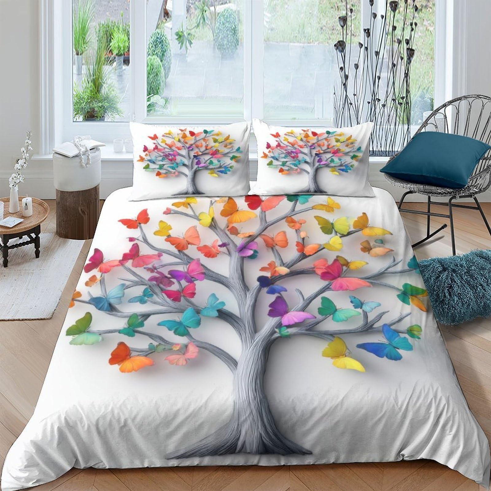 GPLZQXKJNH 3D Printed Colorful Tree Duvet Cover Microfiber Soft Breathable Rainbow Birds Quilt Cover Set with 2 Pillowcases for Bedroom Decor Single（135x200cm）