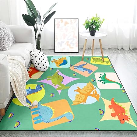 Cartoon Dinosaurs Area Rugs for Kids Green Lovely Animal Patterns Carpet Dinosaur Rugs for Boys Bedroom Living Dinning Room Bedroom Kitchen Playing Room Dinosaur Room Decor for Boys, 4'5''×6'