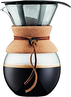 34oz Pour Over Coffee Maker, High-Heat Borosilicate Glass with Reusable Stainless Steel Filter and Cork Grip - Made in Portugal