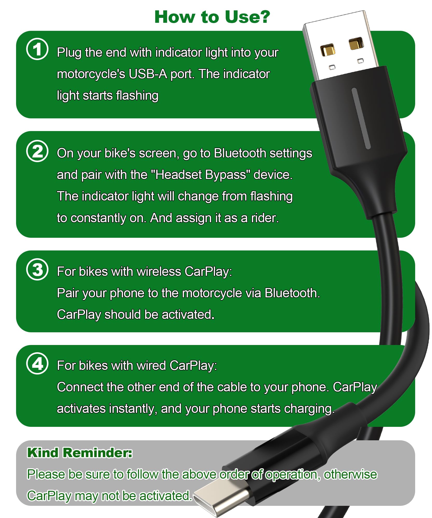 Câble d'activation USB-A vers USB-C CarPlay pour charge de moto, adaptateur de dérivation automatique pour casque Android, permet CarPlay sur Harley/Indian/Goldwing sans casque, 5 m/noir