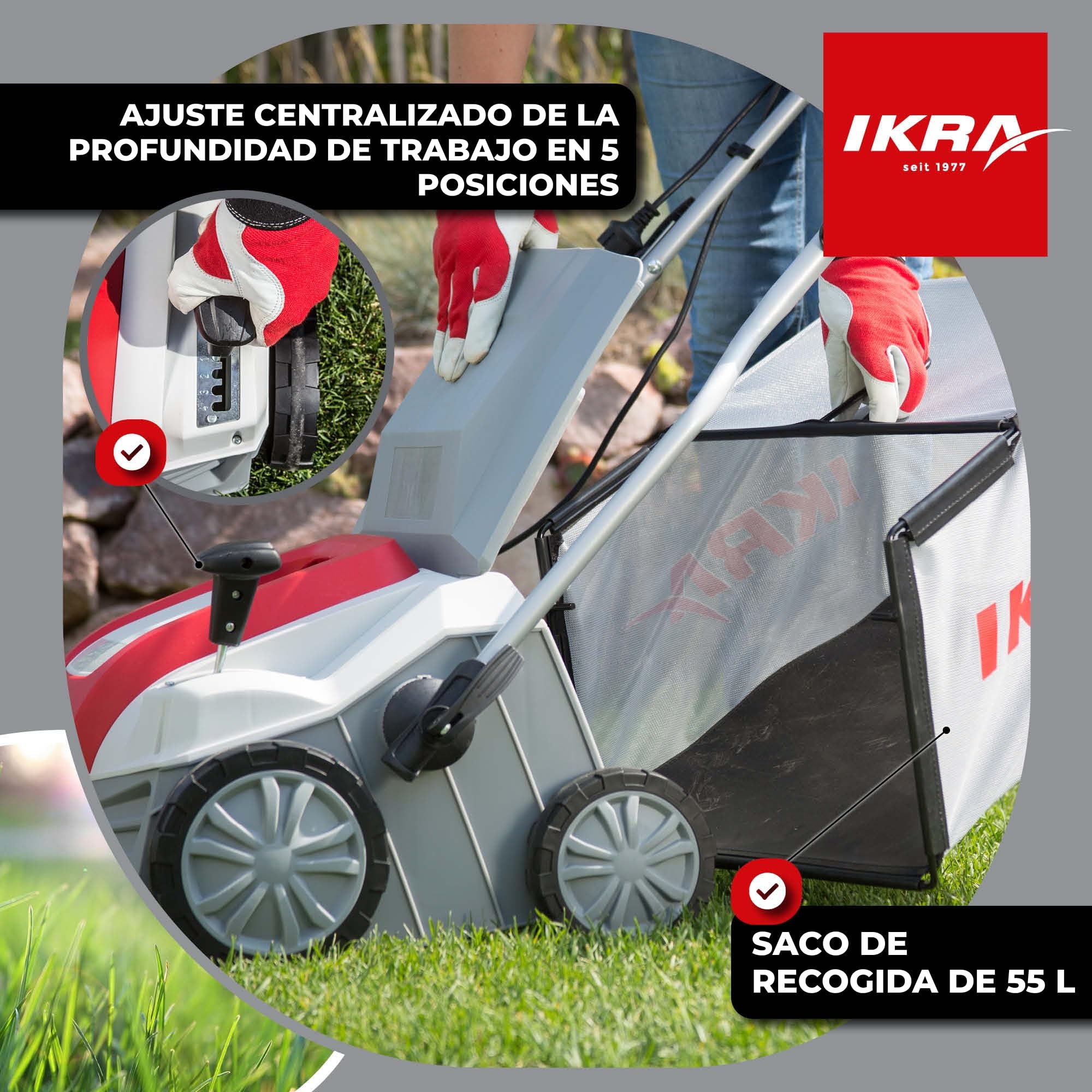 IKRA escarificador y aireador eléctrico IEVL 2000, saco coletor 55l, largo de trabajo 40cm, 2000W