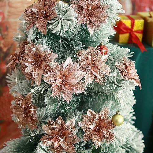 Miniatura 23 de GREENTIME 12 flores de Pascua artificiales azules con purpurina de 5.5 pulgadas, flores de Navidad con clips, tallos de Navidad, adornos para árbol