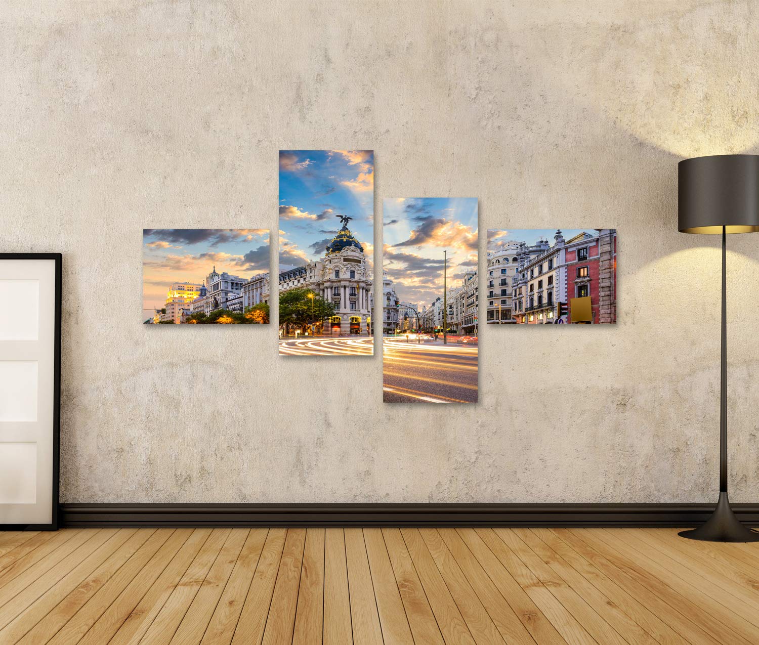 islandburner, Cuadros de salon Madrid, paisaje urbano de España en la Calle de Alcalá y Gran Vía. Cuadro decoracion de Pared Impresión en lienzo Formato Grande modernos PFU-4LP-N