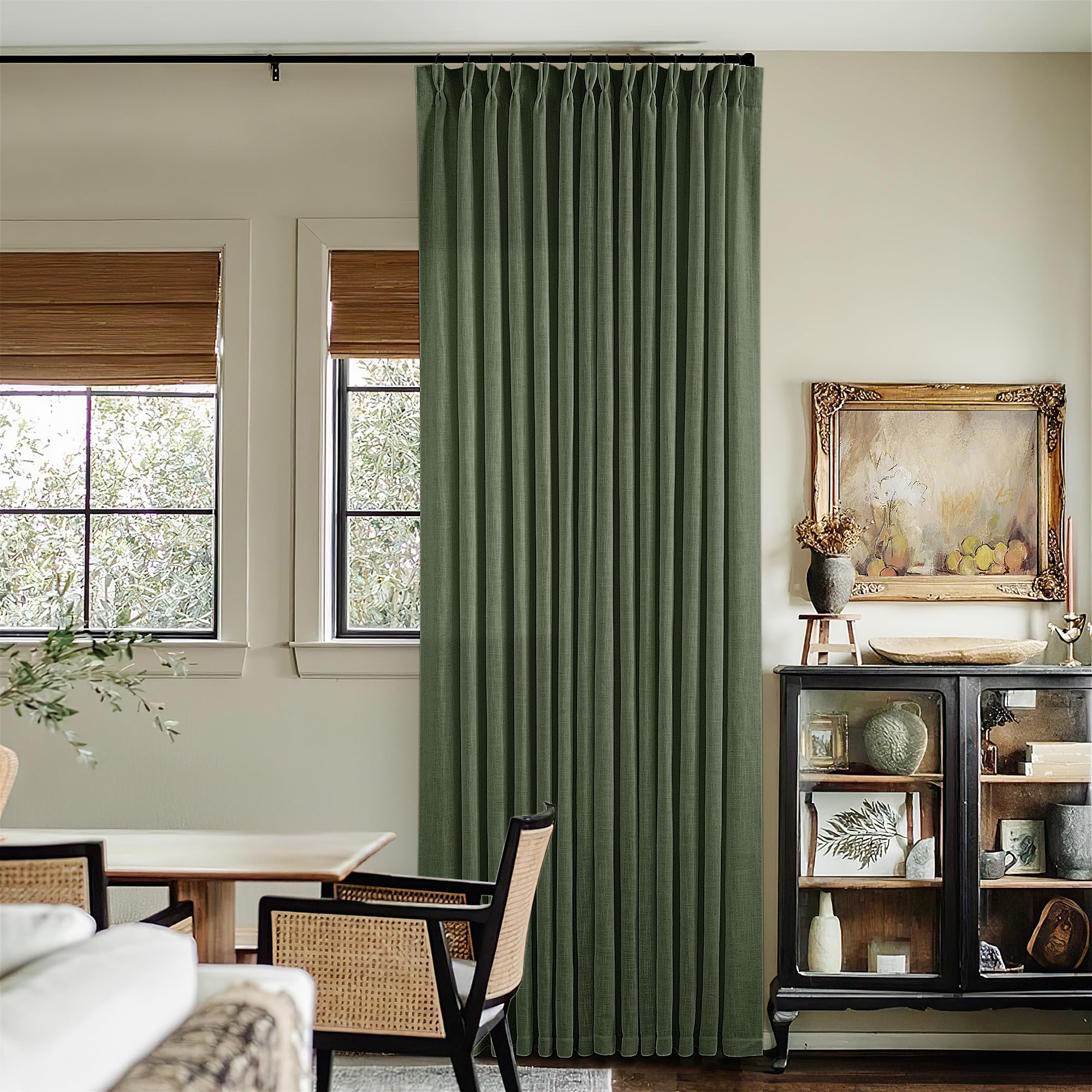 108 Inch Linen Memory Trained Pleated Curtains Olive Green for Living Room