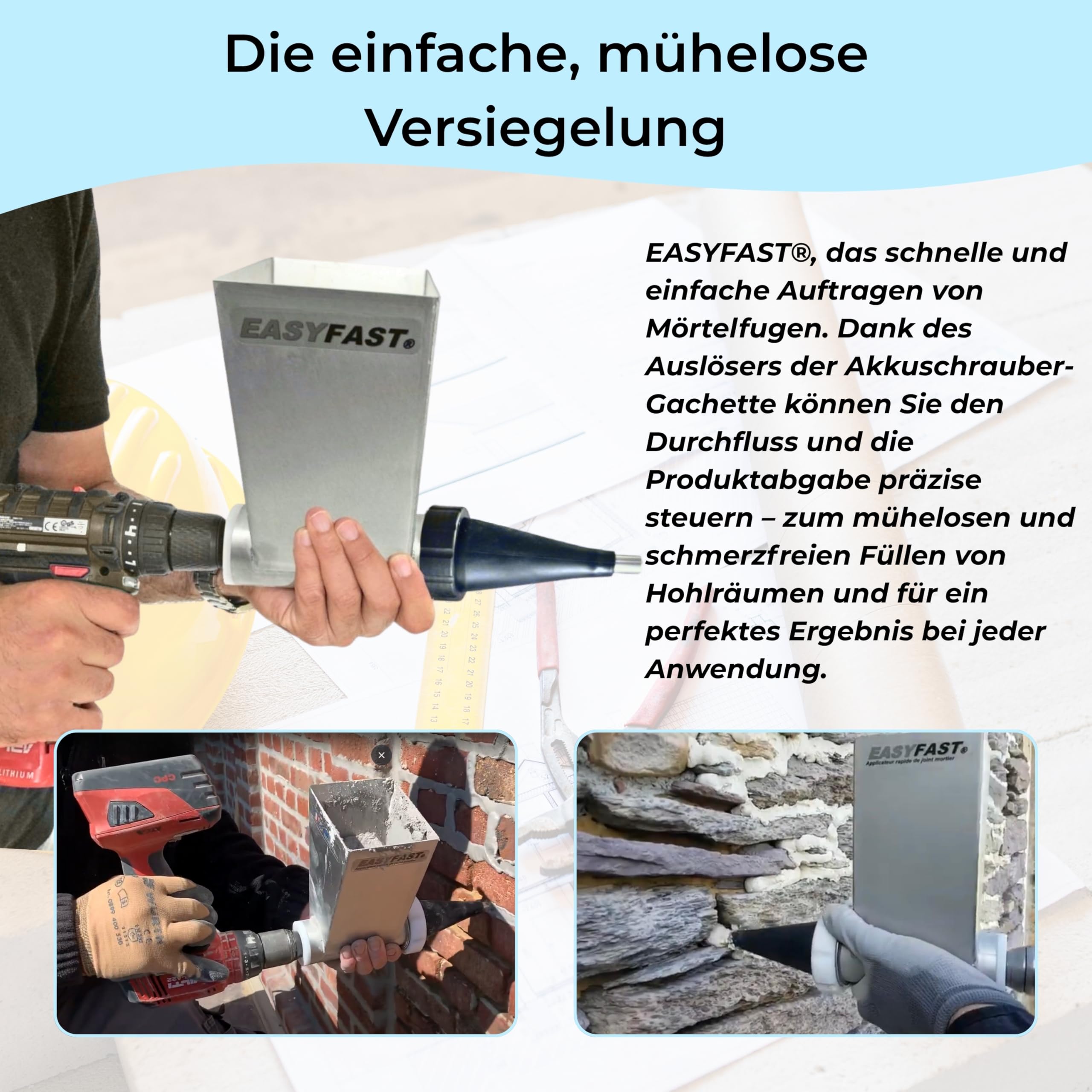 Schnelle Applikator Dichtung Mörser – Kompatibel mit Bohrmaschine oder Akkuschrauber, Präzise Dosierung, Ideal für Steinmauern und Böden, Hergestellt in Frankreich