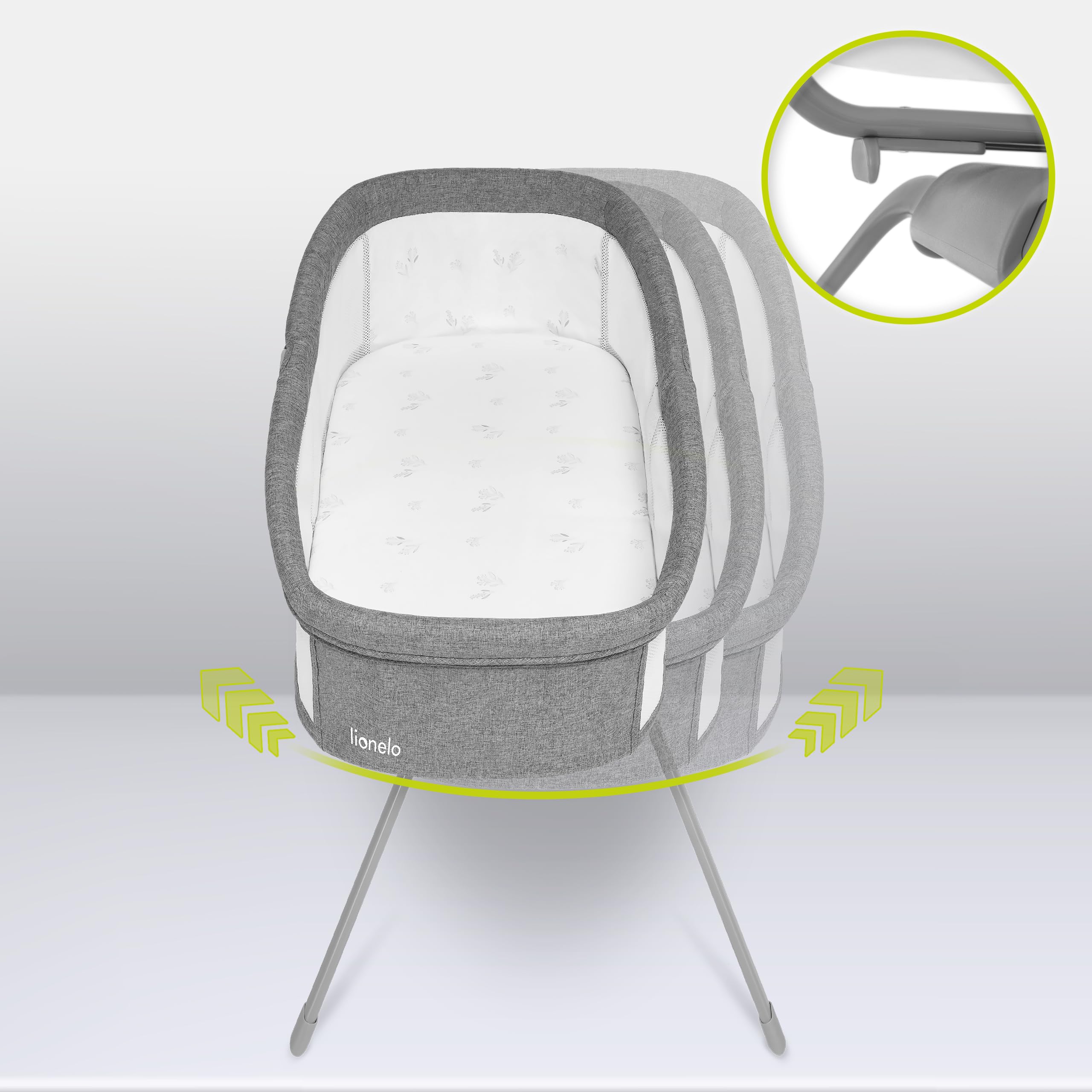 lionelo Malin EVO 3in1 Culla neonato e Lettino da viaggio con materasso per bambini da 0 a 9 kg Leggera e pieghevole Sistema a dondolo Regolazione, Montaggio veloce Lati in rete Cappottina Zanzariera
