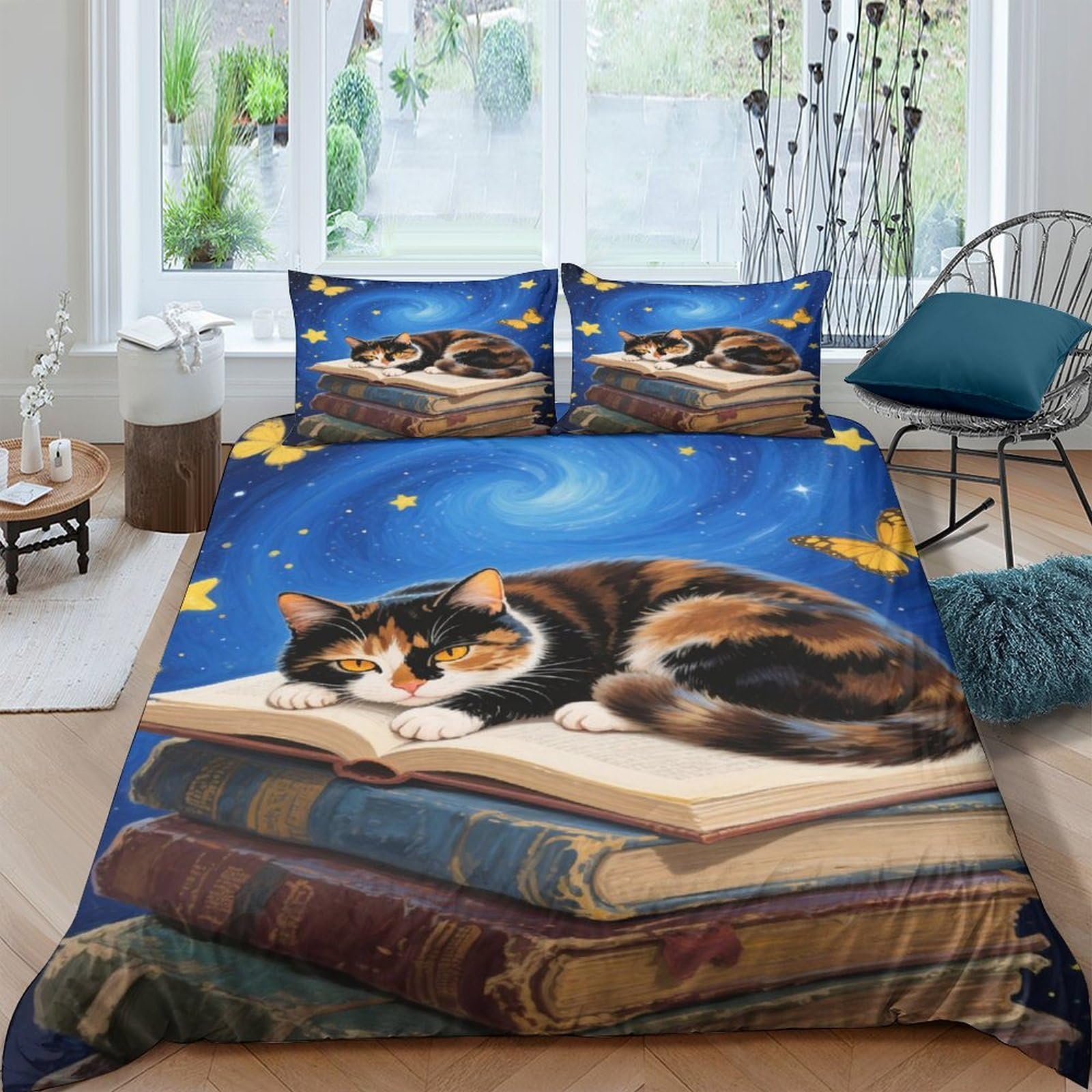 Ctjqhvkz Style-2 3D Printed Sleeping Cat Fitted Sheet Microfiber Artistic Book Stack Bed Cover Anti-Slip Washable For Bedroom Decor Single（135X200cm）
