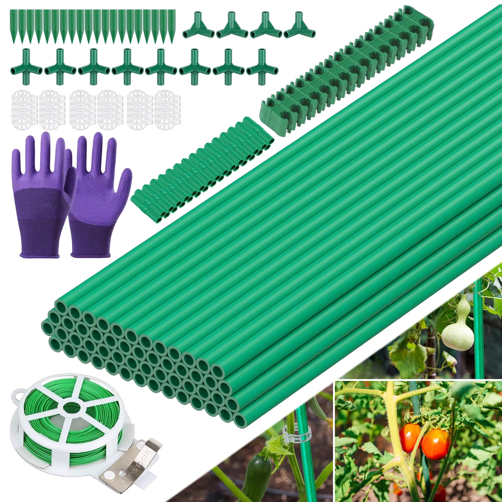 KBOROVER 174 Pack Garden Stakes Set with 50 Sets 16 in Fiberglass Plant Stakes Sticks Supports and Accessories, DIY 4ft 5ft 6ft 7ft Tomato Stakes for Tomato, Cucumber, Vegetables Plant Support