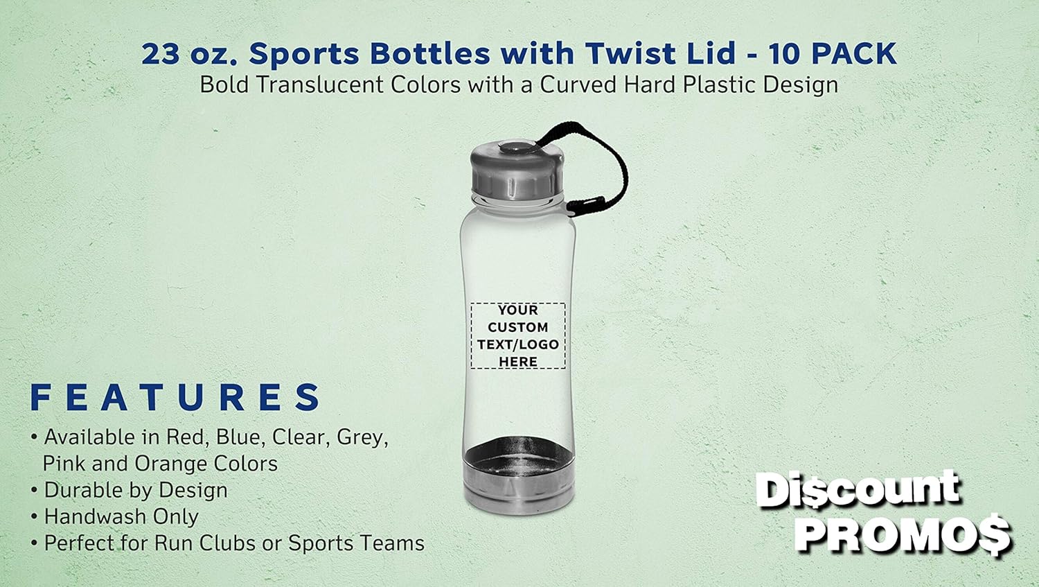 DISCOUNT PROMOS 10 Sports Bottles with Twist Lid Set, 23 oz. - Customizable Text, Logo - Metallic Base, BPA Free - Clear