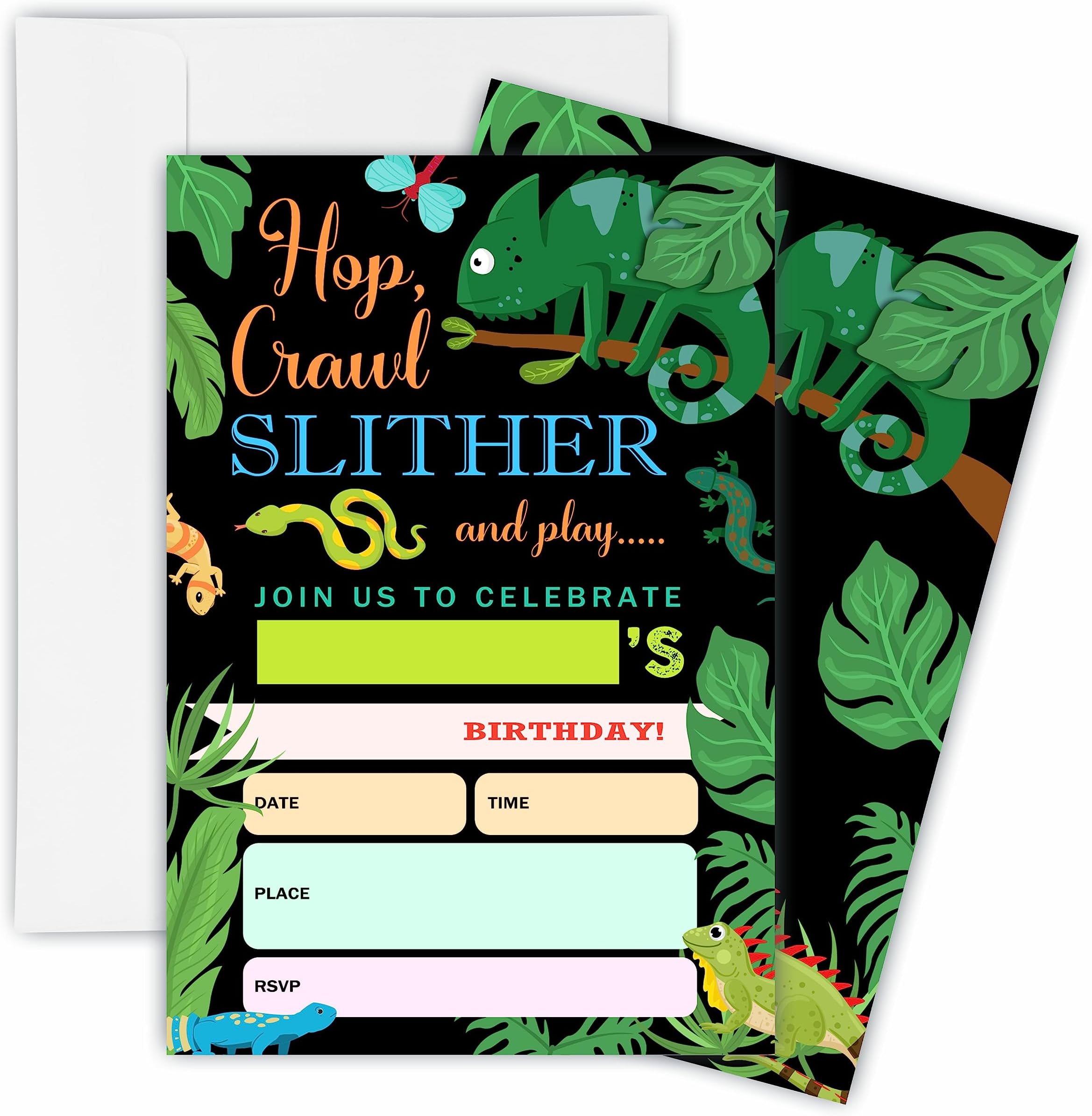 Jungle Reptile Theme Birthday Invitations for Boys Girls, Snake and Cakes Party