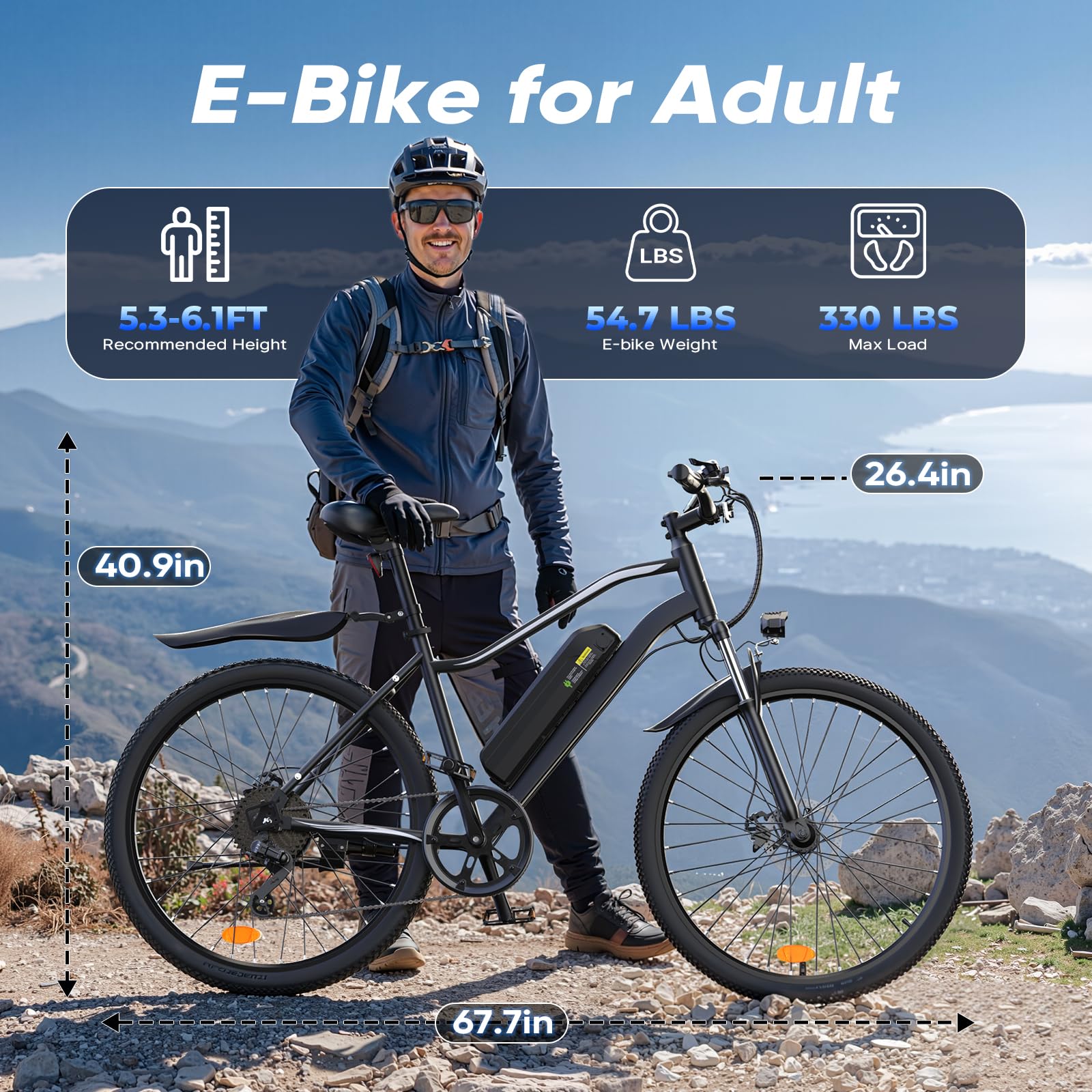 Finbike E-Bike für Erwachsene, 250 W Electric Bike bis zu 60 Meilen, 36V 10.4Ah herausnehmbarer Akku Mountain Ebike, E Bike mit 7 Gängen, 26 inch Elektrofahrräder für Stadt und Gelände