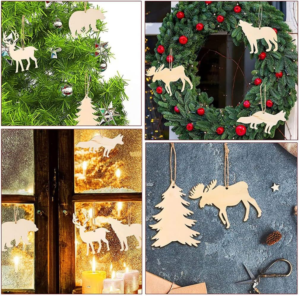 Sewroro 30pcs Unfinished Wooden Cutouts DIY Animal Wood Slices Elk Xmas Tree Fox Wolf Blank Discs Xmas Tree Hanging Ornament Decoration for DIY Crafts Arts Projects