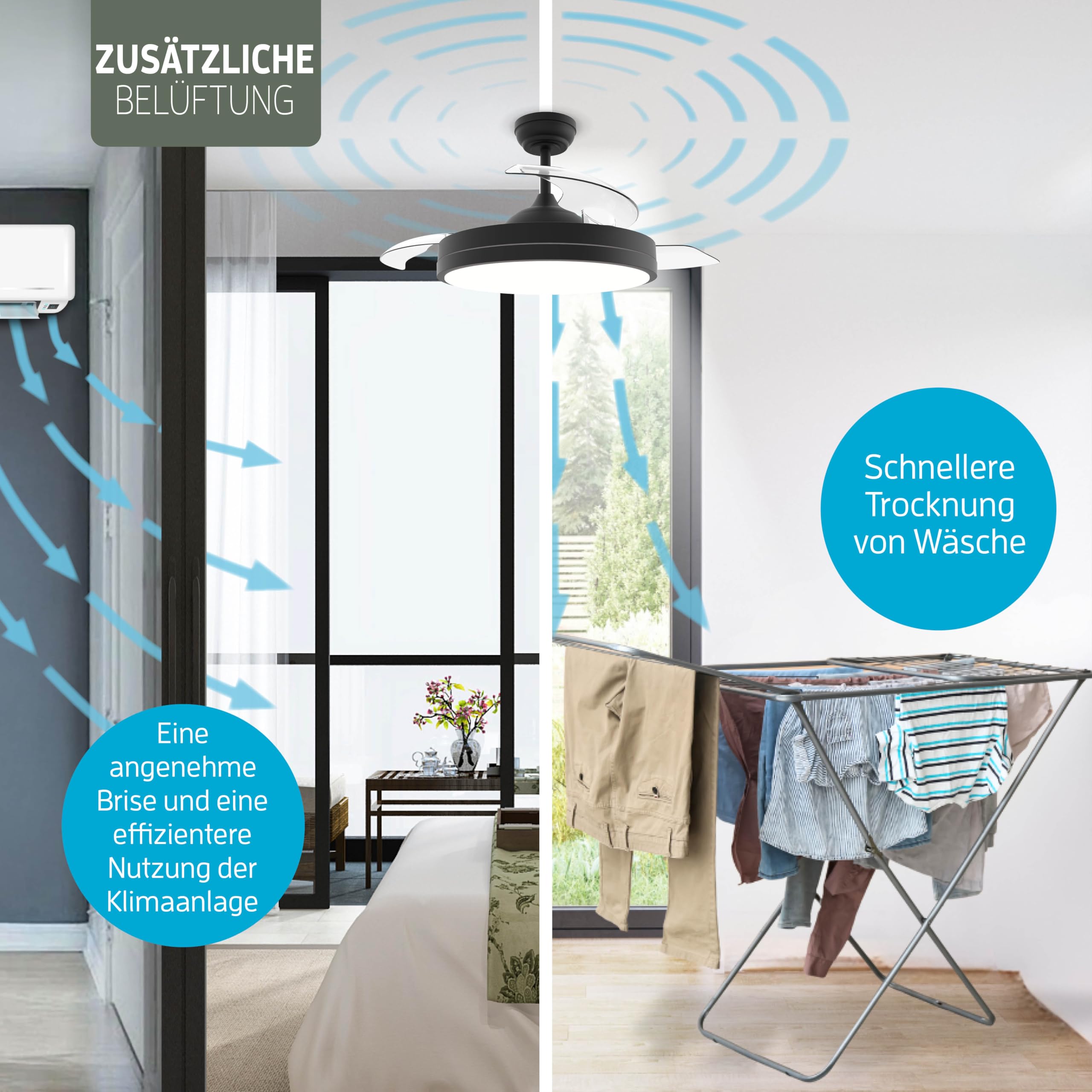 Varin® Smart Deckenventilator mit Beleuchtung, Tuya WLAN, Ventilator Leise 20dB, LED 36W RGBW, Fernbedienung, Einziehbare Flügel, Ventilator Lampe Decke, Ø 50 cm/108 cm, Schwarz