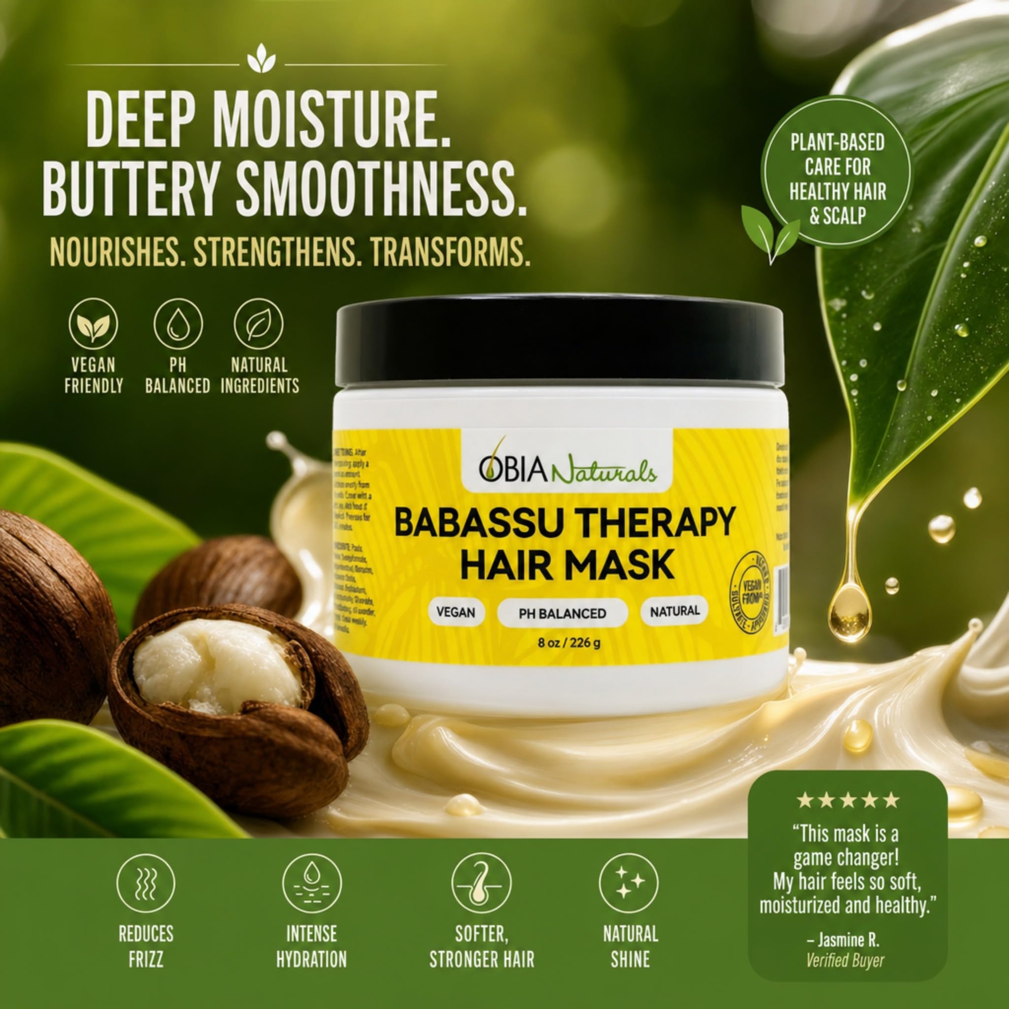 OBIA Naturals Babassu Terapia Maska do włosów - (8 oz / 226 g) - Głęboka odżywka - Nawilżająca, sucha naprawa, uszkodzona lub farbowana do włosów po umyciu szamponu - Siarczan, Wegańska