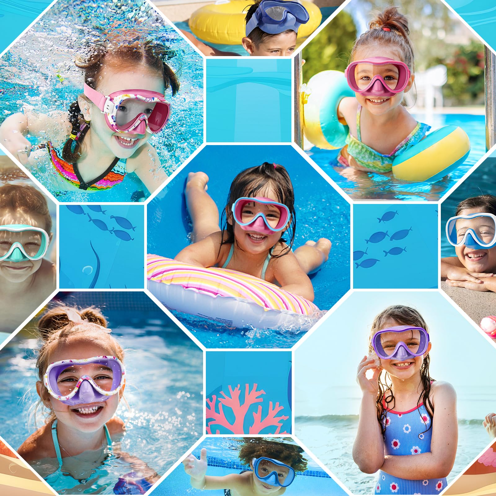 iGym Occhialini da nuoto per bambini, anti appannamento, con copertura per il naso, senza perdite, maschera trasparente per immersioni con boccaglio 180 gradi