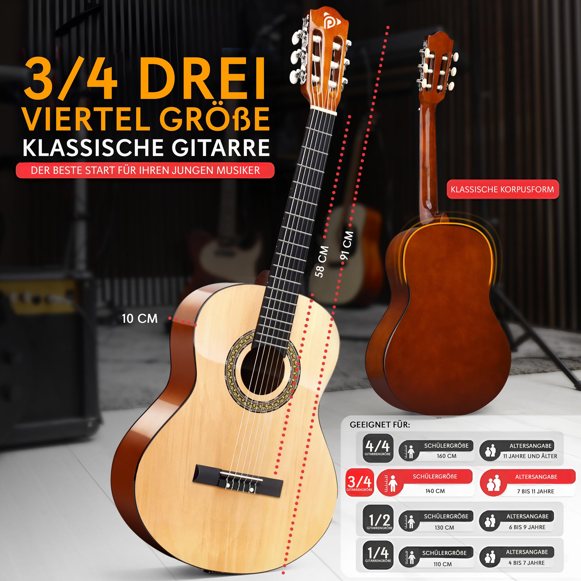 Pyle Konzertgitarre, ¾ Gitarre für Anfänger- 91cm aus Holz, Inkl. Stimmgerät, Gigbag, Gurt, Plektren & Extra Saiten, Kindergitarre für Einsteiger