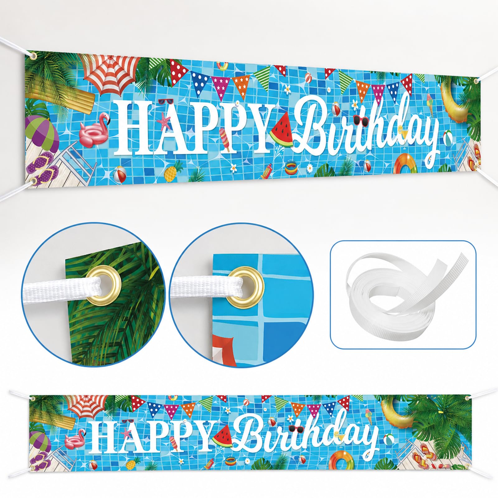 AUSHENKE Baner na imprezę przy basenie, bardzo duży rozmiar baner Happy Birthday, 299 x 50 cm, wielokolorowy, na artykuły imprezowe przy basenie