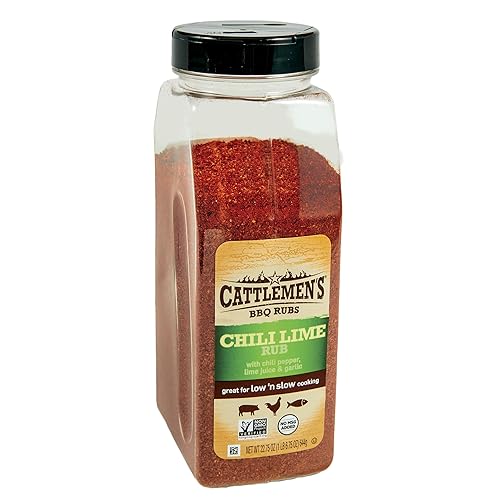 Cattlemen's Chili Lime Rub, 22.75 oz – Un recipiente de 22.75 onzas de chile y lima frotado hecho de sal marina, chile, ajo y jugo de lima, perfecto
