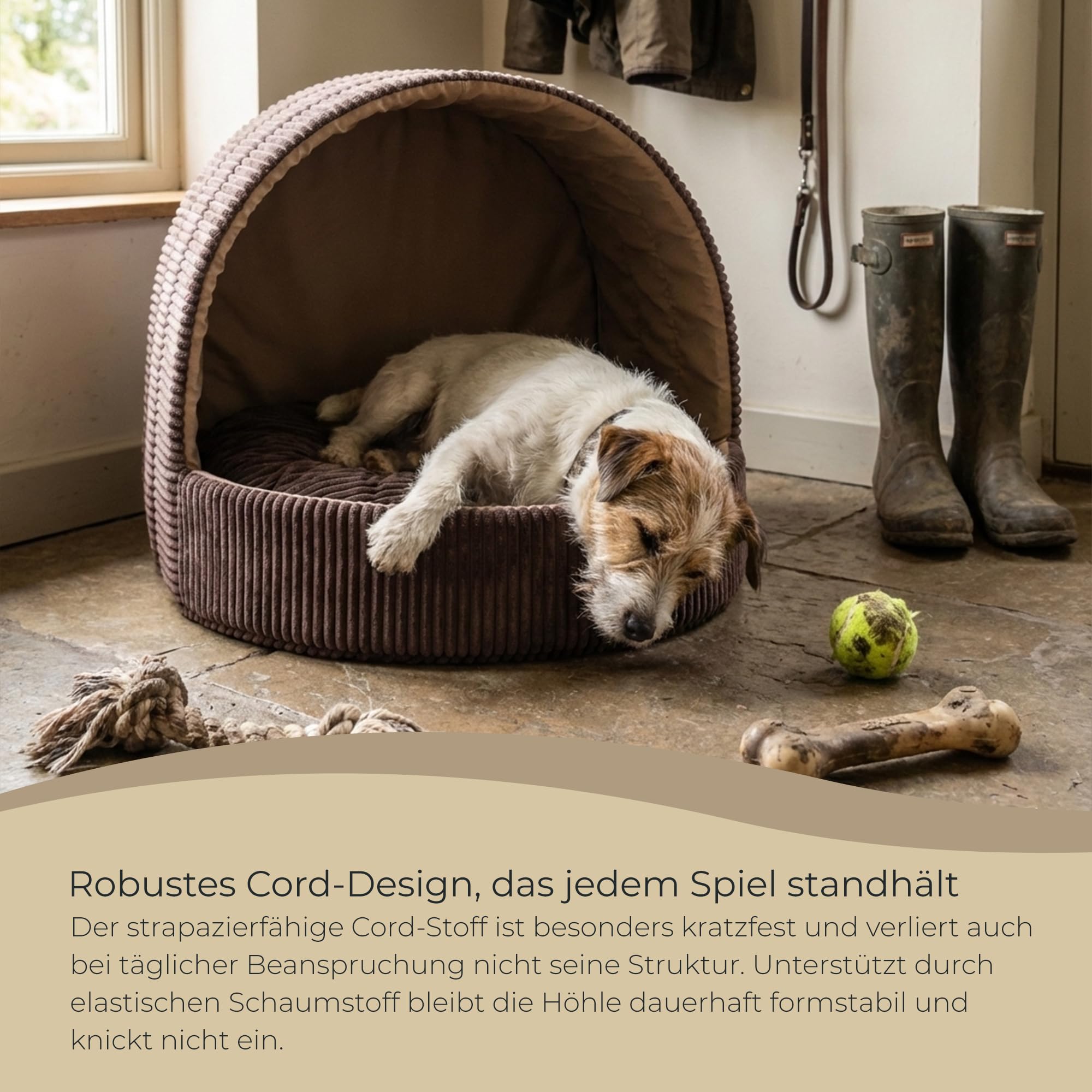 Hundehöhle und Katzenhöhle 63 x 53 cm - Weiches Hundebett und Katzenbett mit Cord-Struktur - Kuscheliger Rückzugsort für kleine Hunde, Welpen und Katzen - Braun