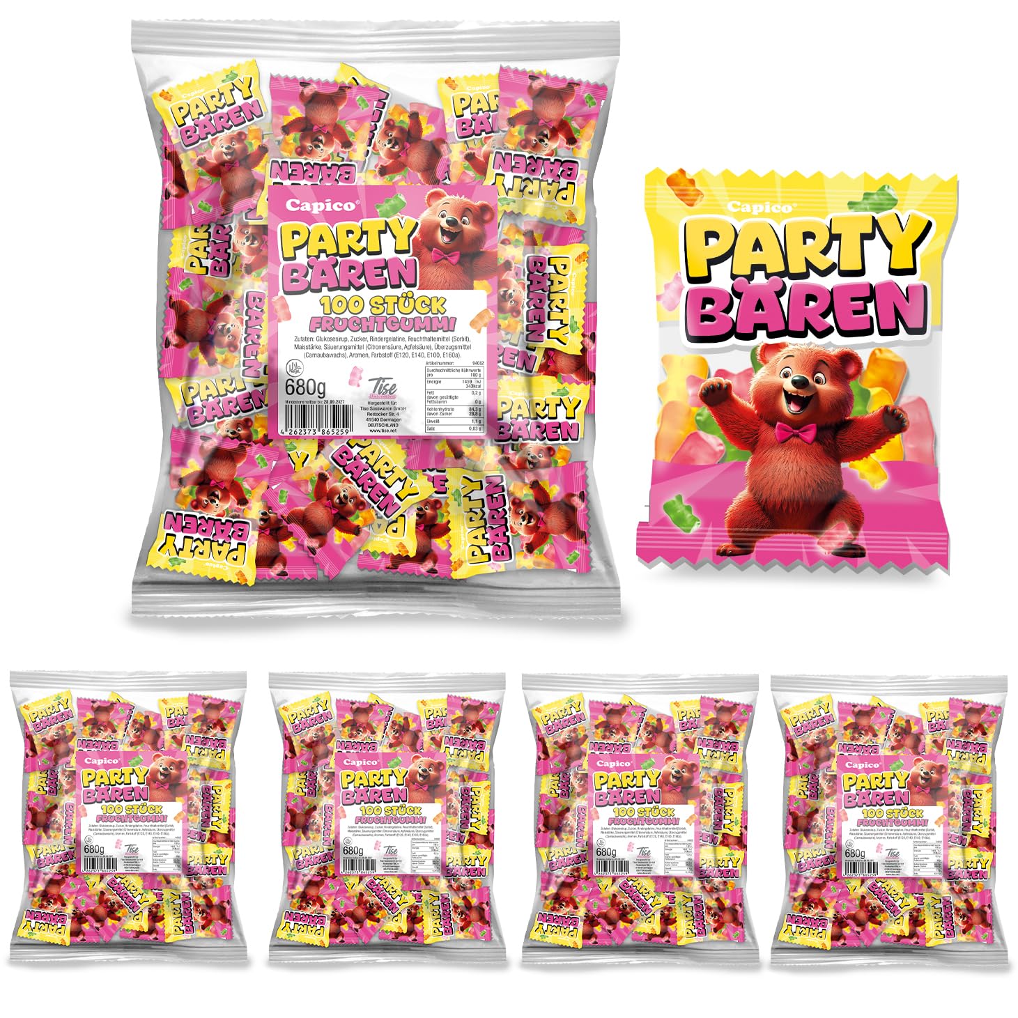 Capico Party Bären Gummibärchen Mix 100 Minibeutel (5 x 680g) einzeln verpackt perfekt geeignet als Wurfmaterial für Karneval, Süßigkeiten Großpackung, Give-away/Halal