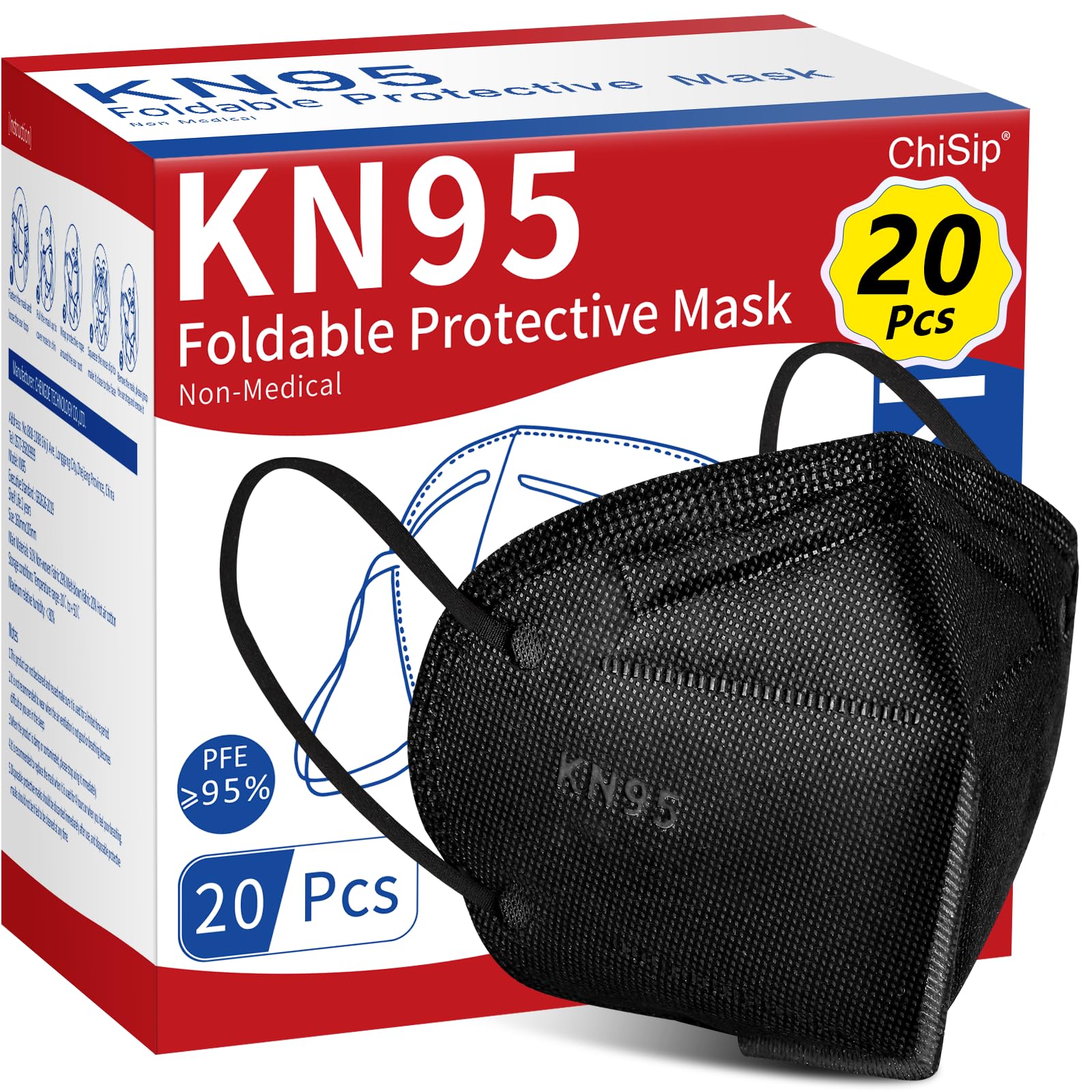ChiSip KN95 Face Mask 20 Pcs, 5-Ply Cup Dust Safety Masks, Breathable Protection Masks Against PM2.5 for Men & Women, Black
