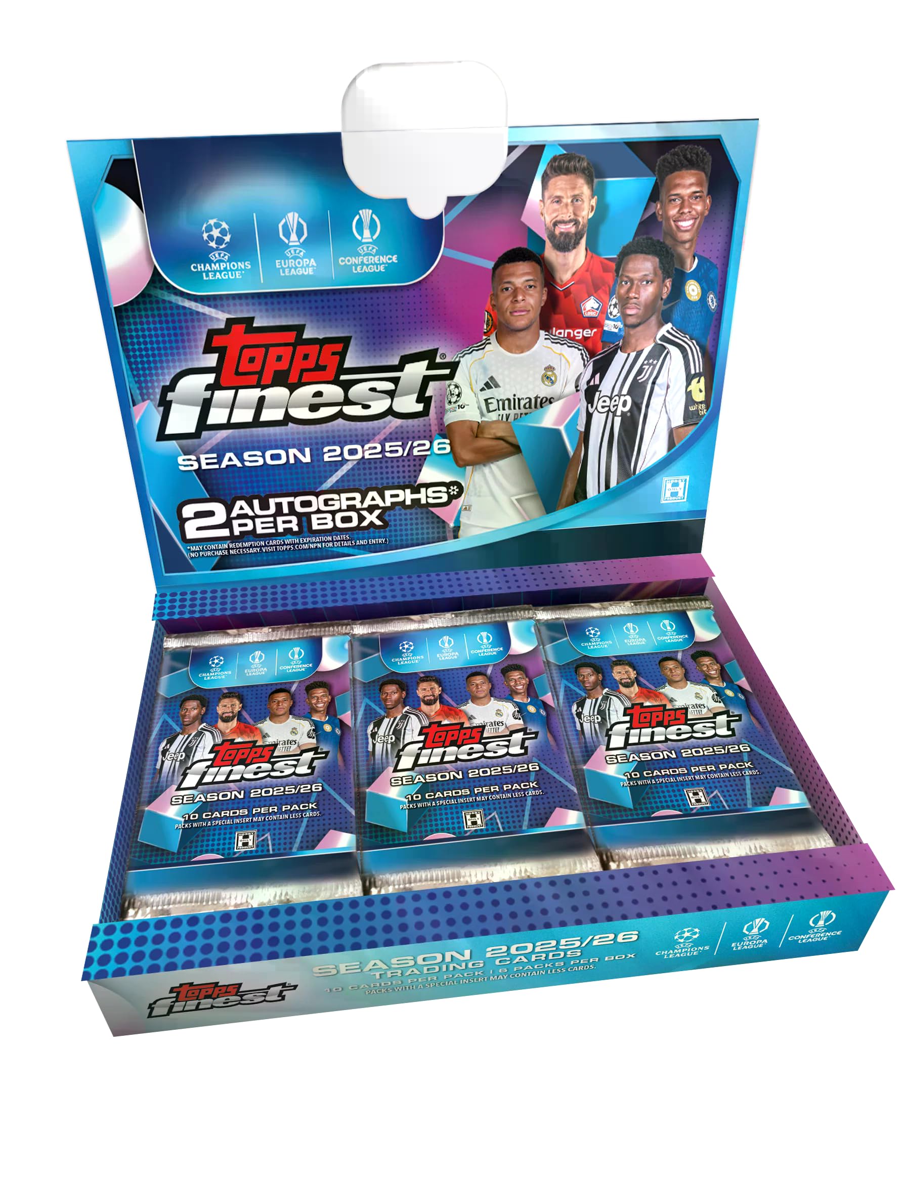 Topps Finest UEFA Club Competitions 2025/26 Hobby Box – 6 Packs, 10 Karten pro Pack, 2 Autogramme pro Box