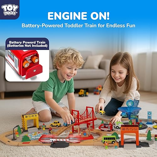 Miniatura 5 de TOY Life Juego de tren de madera para niños pequeños de 2 a 4 años, 119 juguetes de tren urbano con pista de tren de madera, juego de tren eléctrico