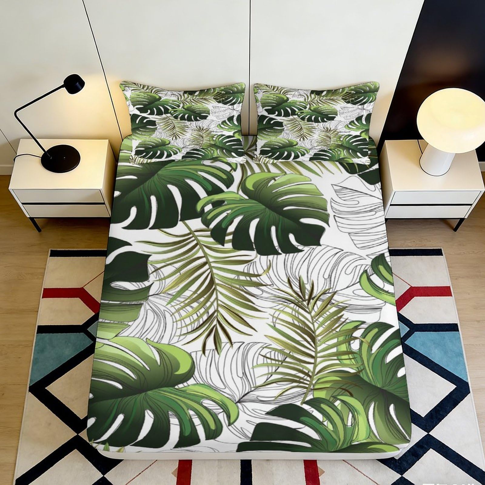 3D Printed Monstera Leaf Fitted Sheet Microfiber Soft Breathable Tropical Palm Bed Cover for Bedroom Dorm Mattress Decor 90x200x25cm