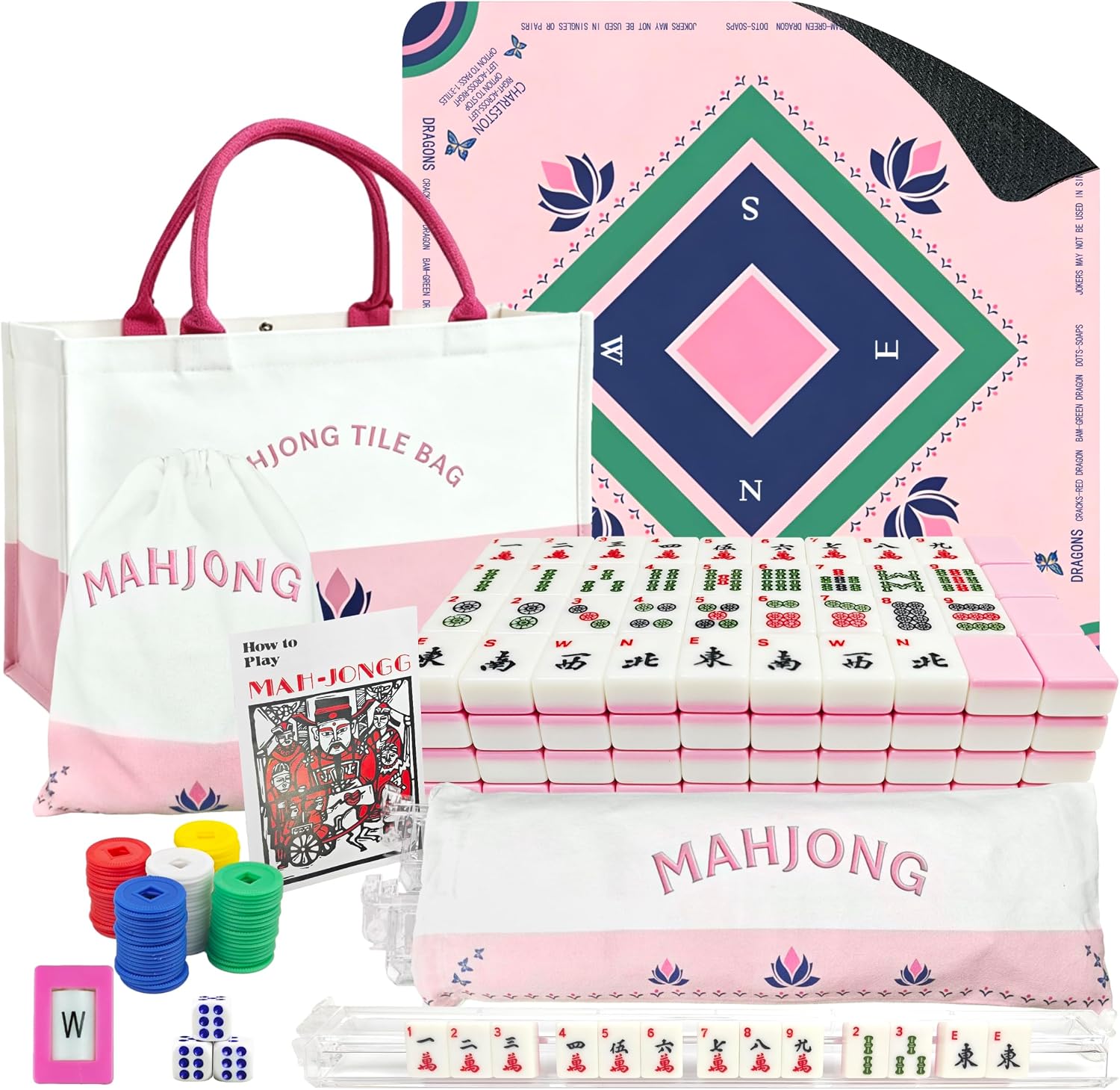 American Mahjong Game Set Complete with 166 Pink Tiles, Noise Reducing Mat, 4 All-in-One Rack/Pushers, Pink Bag & Accessories - Suitable for Adults and Beginners