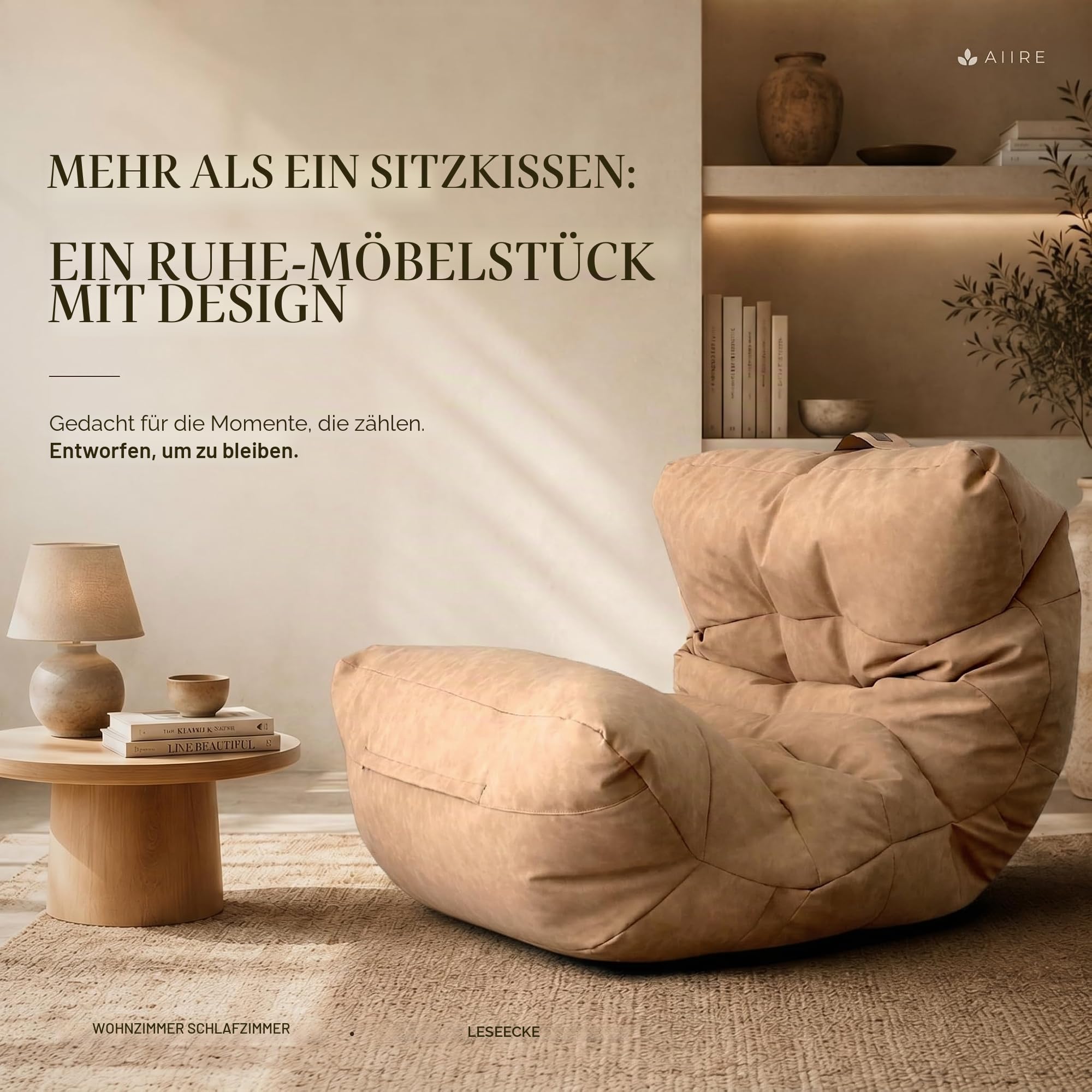 Aiire Relaxo Sitzsack XXL für Kuschelecke - Bean Bag Design aus Kunstleder mit Füllung - Riesen Sitzsäcke Erwachsene, Sitz Sack Flauschig - Bodenkissen Grob, Bodenstuhl, Bodensessel Beige
