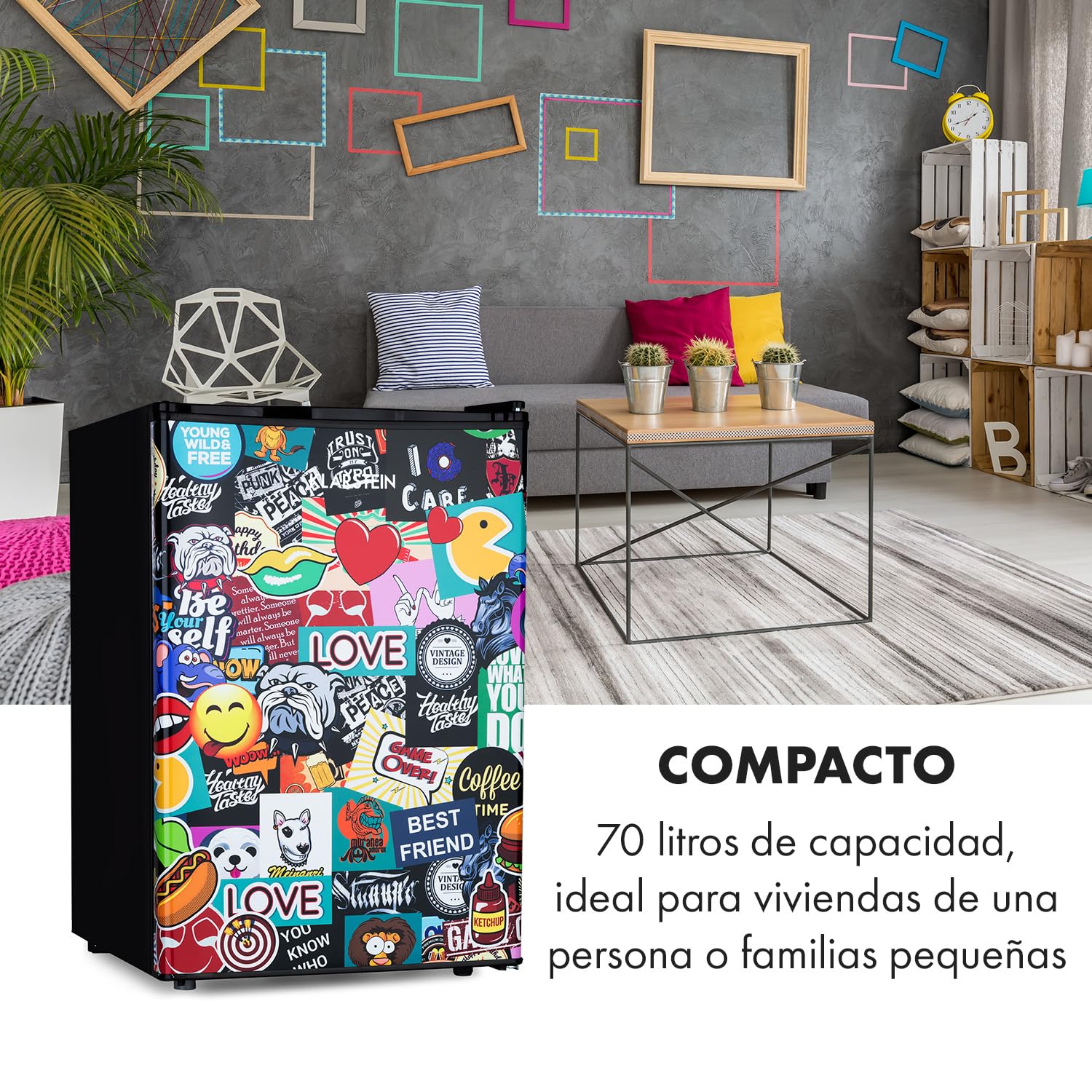 Klarstein Cool Vibe - Refrigerator, capacity: 70 litres, VividArt Concept: door with sticker bomb design print, ice compartment, ice cube tray, noise level: 42 dB, black