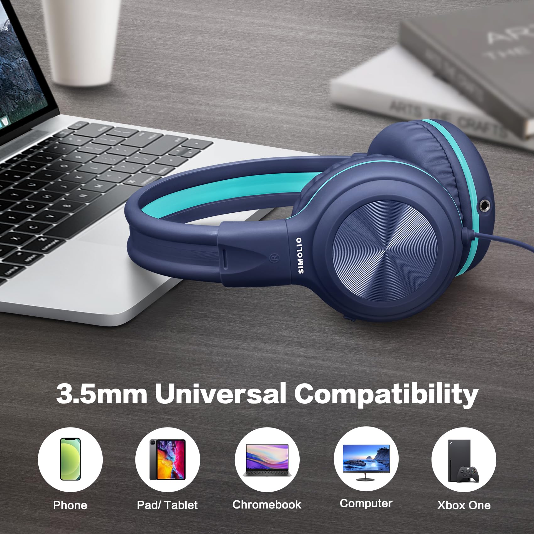 SIMOLIO 2 Incluye Auriculares con micrófono, Auriculares Plegables para niñas y niños Adolescentes, Auriculares Auriculares con límite de Volumen y 3,5 mm UX Share para tabletas móviles PC Chromebook