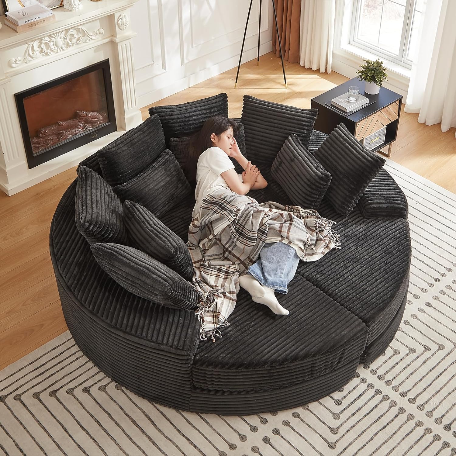 78'' Oversized Round Sleeper Sofa Bed, Convertible Circle Chaise Lounge Chair Indoor, Modern Fluffy Plush Corduroy Cloud Boneless Couch, Assembly Free, Comfy Bean Bag for Living Room, Black