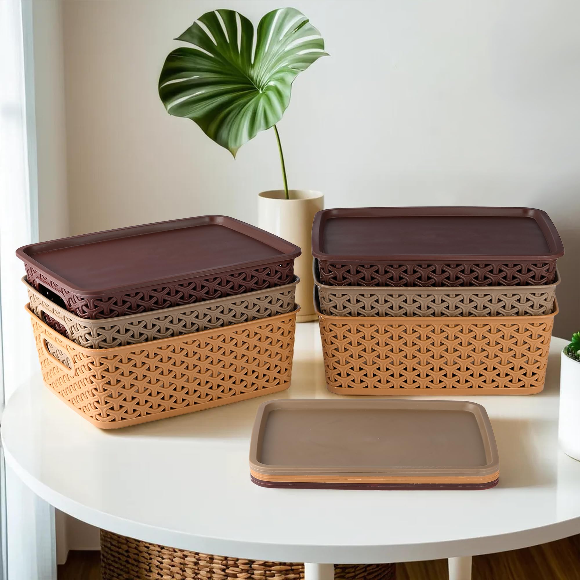 Kuber Industries Pack of 6 Multipurpose Solitaire Storage Basket with Lid|Strong Plastic Material & Side Grip|Size Large 36 x 30 x 14, (Multi)-CTLTC10908, Square