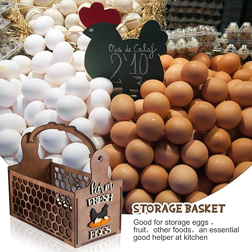 Miniatura 4 de Suzile Cesta de huevos de madera rústica, cesta de huevos de alambre de madera de pollo, cesta de huevos estilo granja, soporte para huevos de