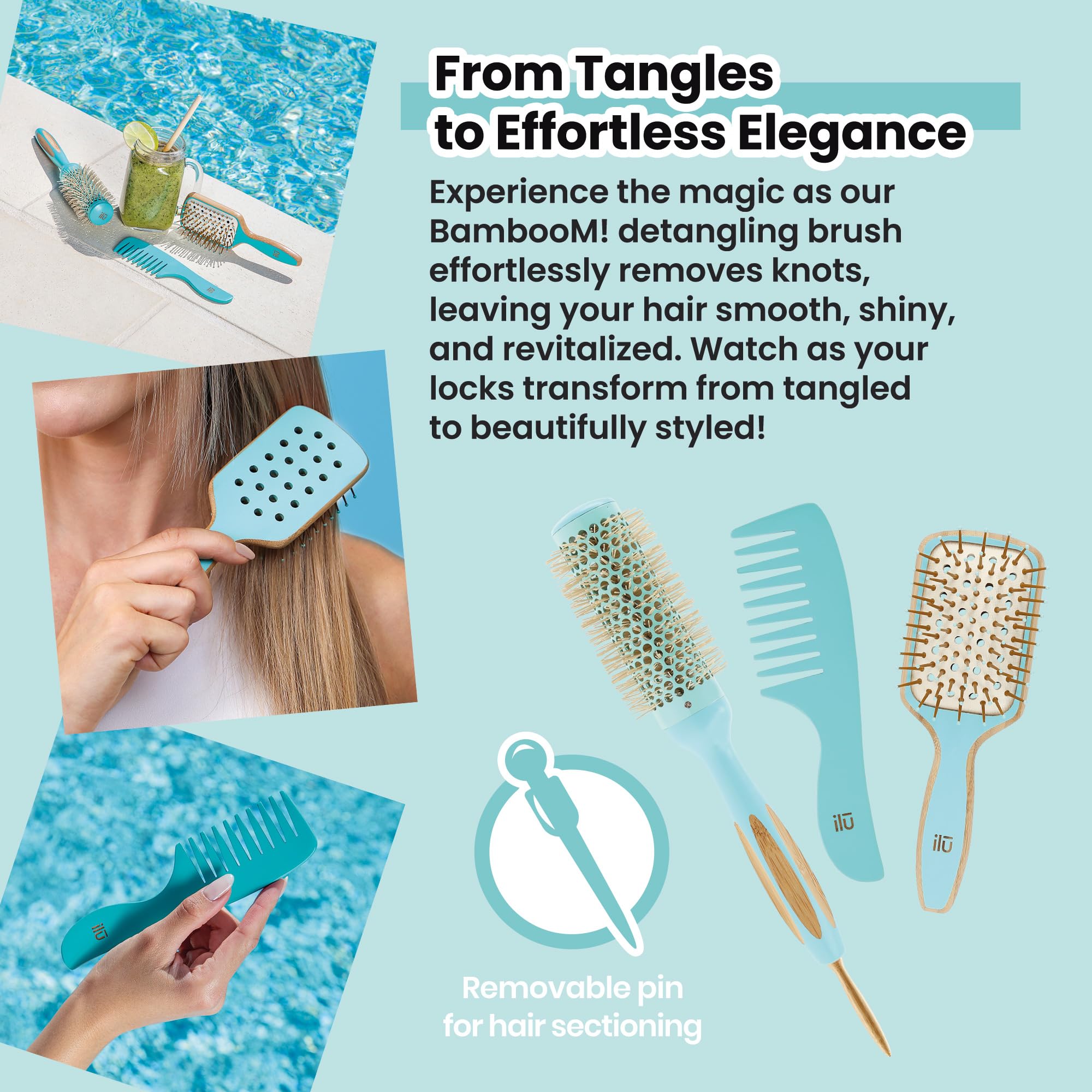 Ilū - Bambus Haarbürste Detangler Bürste Ocean Breeze Haarschonend Antistatisch Für Haarmassage Styling Umweltfreundlicher Haarkamm Perfekt Für Alle Haartypen