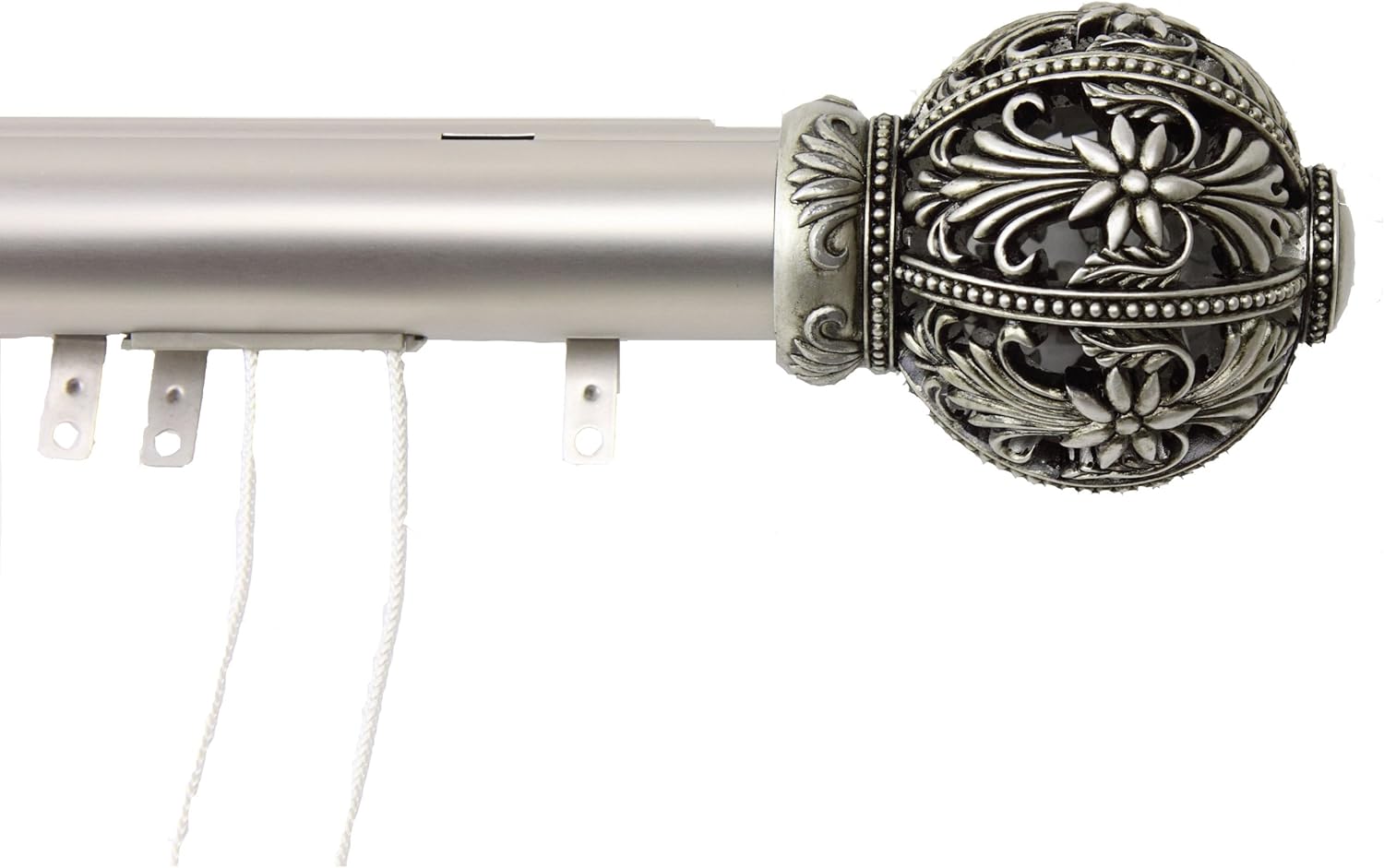 Decorative Traverse Curtain Rod w/Sliders Embroidery Finial 30-48 inch - Satin Nickel
