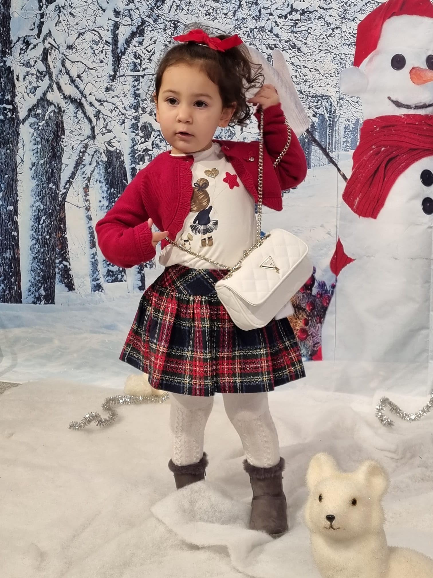 Mayoral Completo Natale neonata 24 mesi - 2 anni 92 cm gonna in tartan scozzese - t-shirt e cardigan rosso