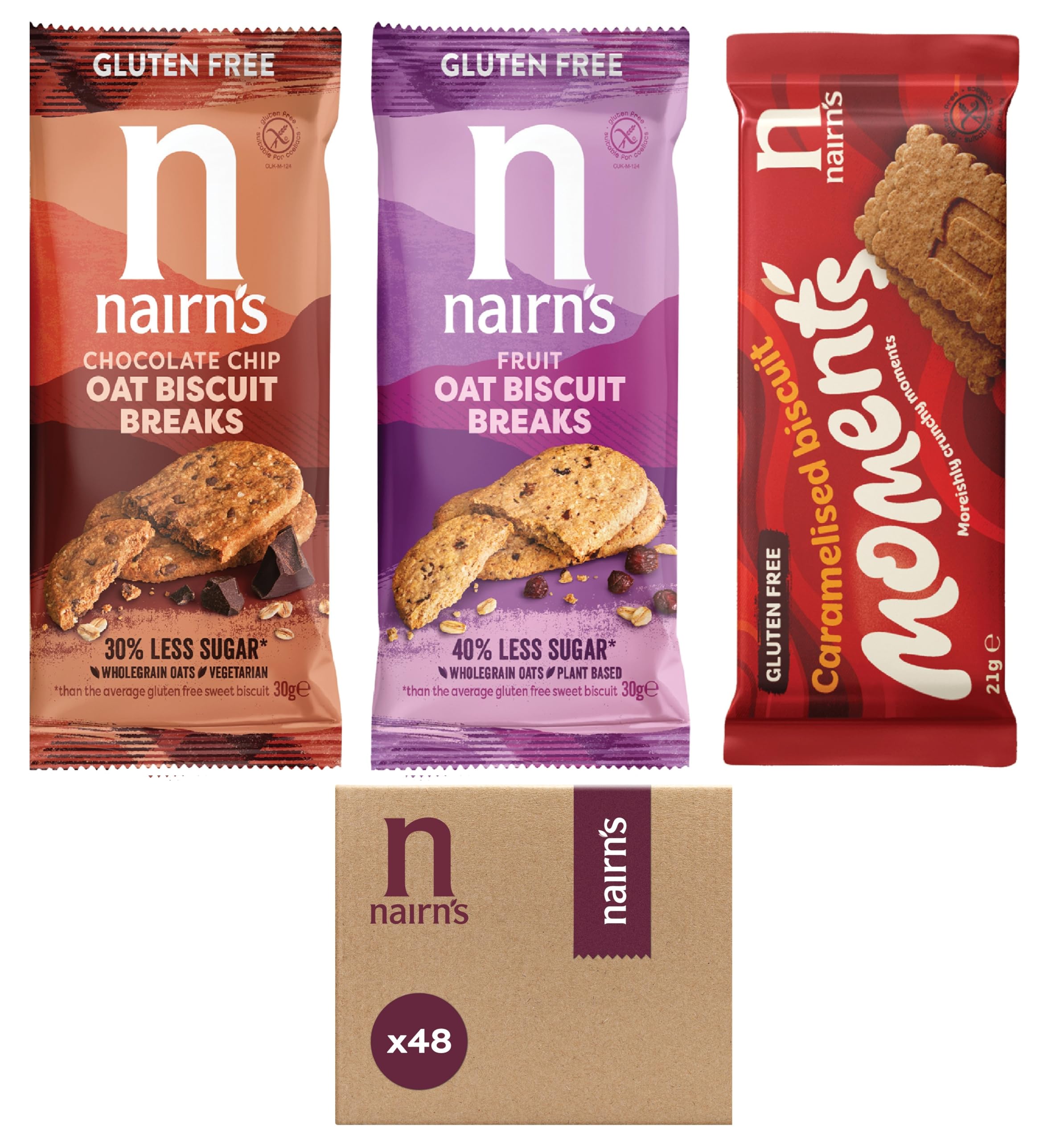 Nairn’s Gluten Free Variety Pack Oat Biscuit Breaks, Flavors inc. Chocolate Chip, Fruit, Caramelised Biscuit Moments. Pack of 48 (3 Biscuits Per Pack)