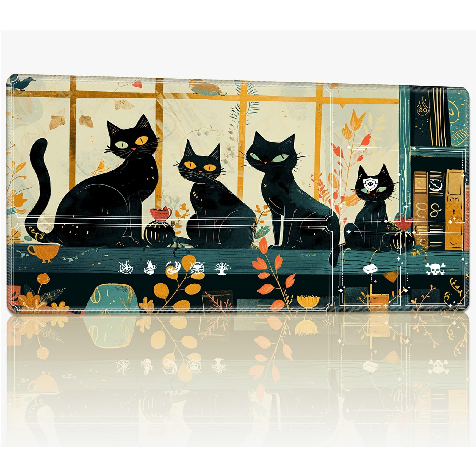 Tabletop Card Playmat with Magic Zones, 24 x 14 inches Stitched TCG Card Play Mat Commander Board Game Mats Smooth Rubber Surface Battle Game Desk Mat, Black Cats — image 1