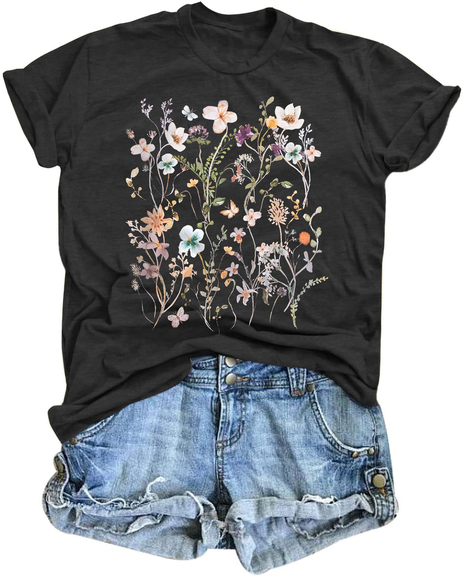 HEBBEWomen Boho Flower T Shirt Vintage Floral Graphic Shirt Botanical Tee Wildflowers Shirts Garden Lover Top