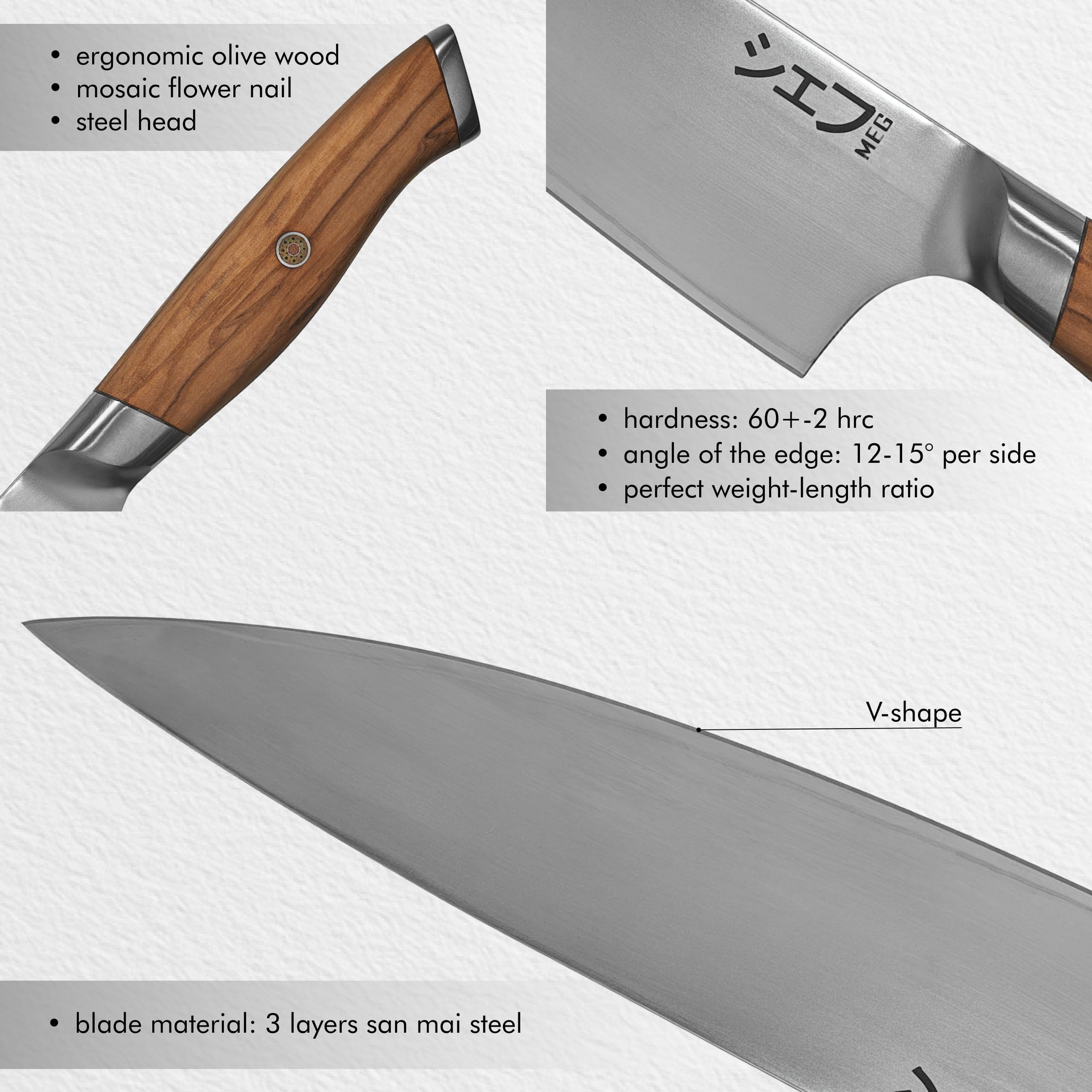 MEG Gyuto 206mm kute w San Mai nóż szefa kuchni, 3-warstwowy, ergonomiczny uchwyt z drewna oliwnego, certyfikat do użytku profesjonalnego, pudełko z drewna akacjowego, idealne na prezent