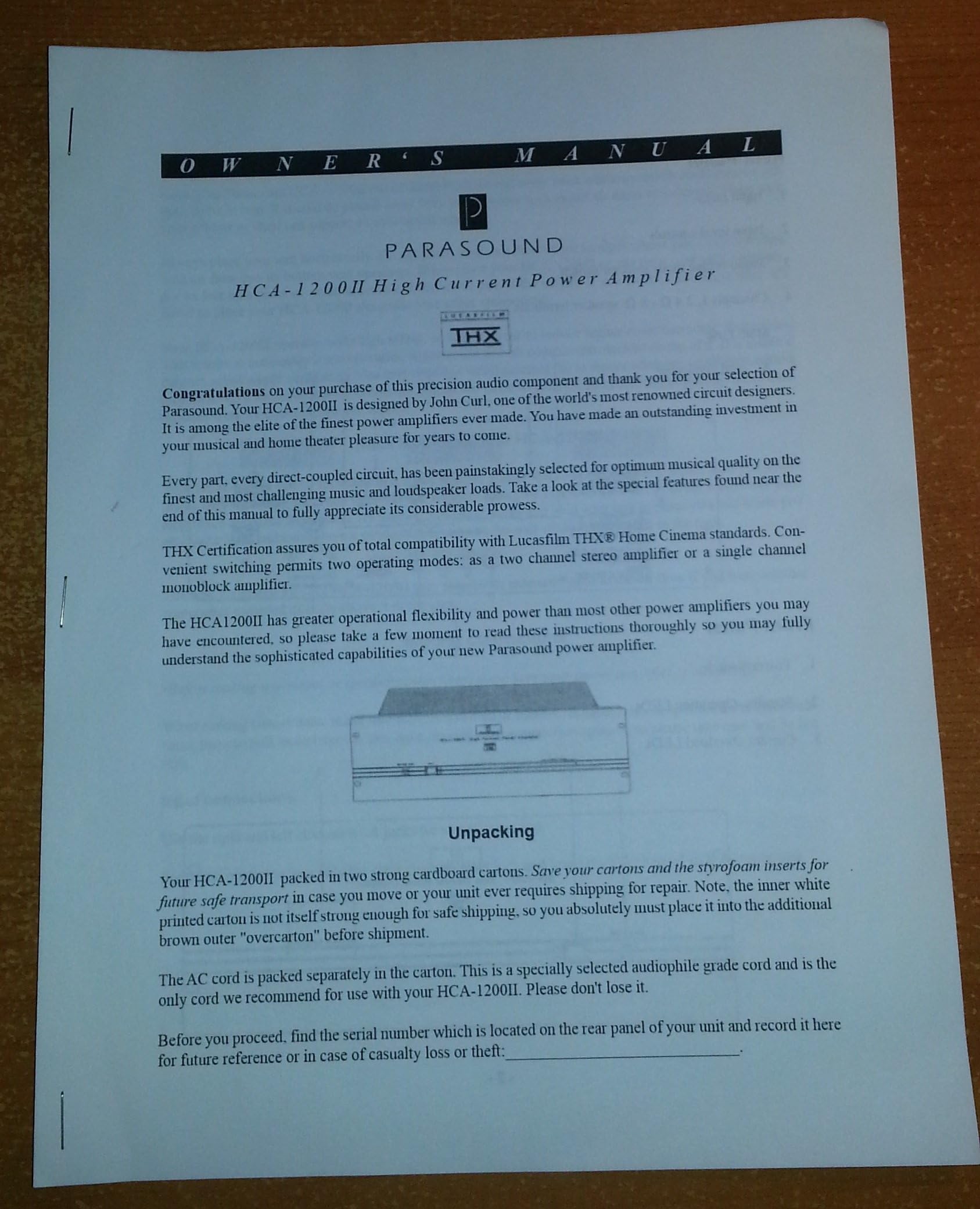 PARASOUND HCA-1200 II High Current Power Amplifier manual
