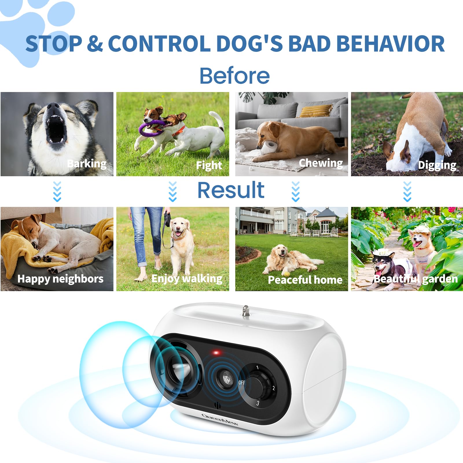 Ahuyentador de Perros, Antiladridos para Perros Ultrasónicos de hasta 50 Pies de Control de Largo Alcance, 3 Niveles Ajustables Anti Ladridos para Perros Interiores y Exteriores