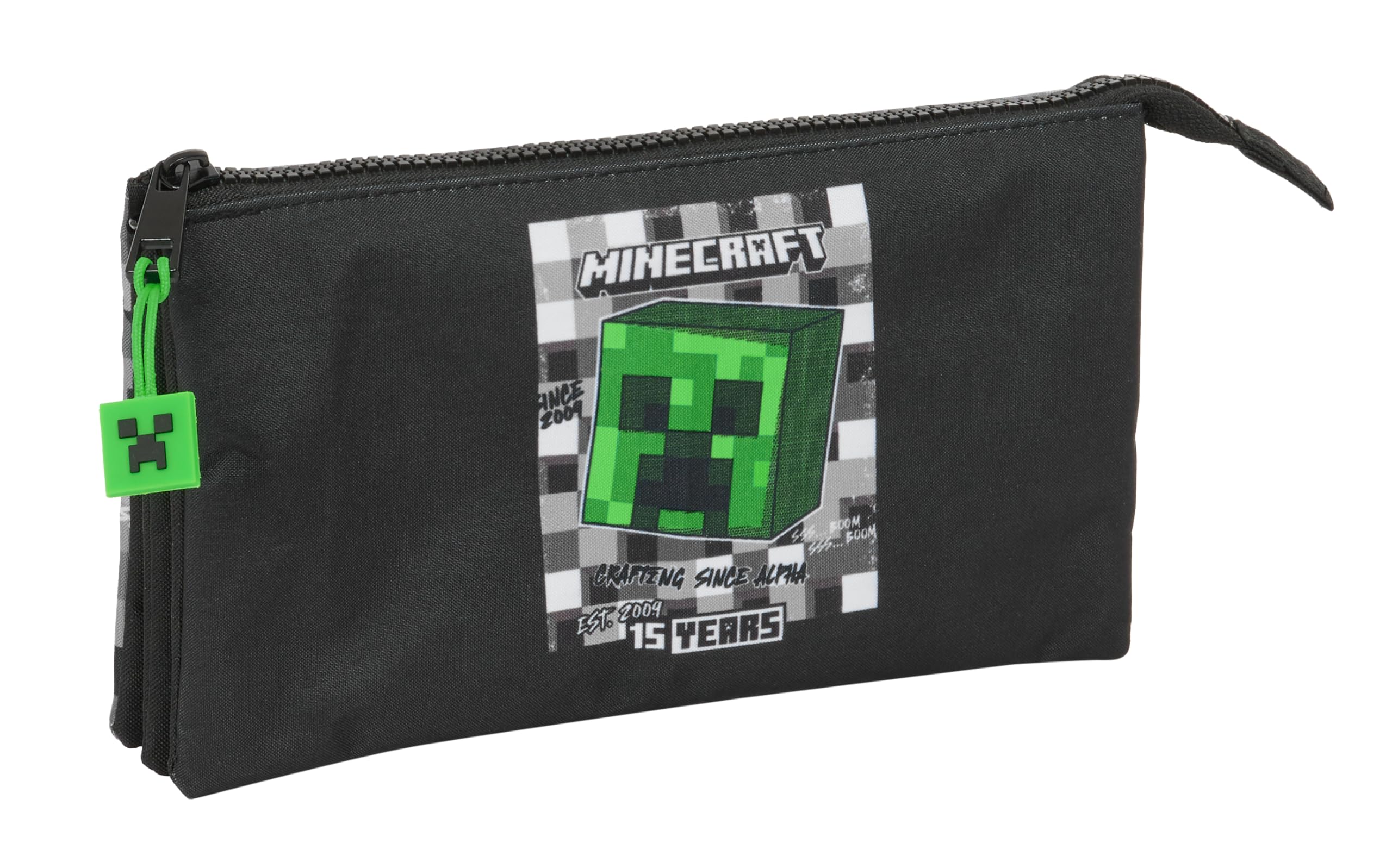 Safta Minecraft - Portatodo Triple, Estuche Infantil, Estuche Niño, Ideal para Niños en Edad Escolar, Cómodo y Versátil, Calidad y Resistencia, 22x3x12 cm, Color Negro/Gris/Verde